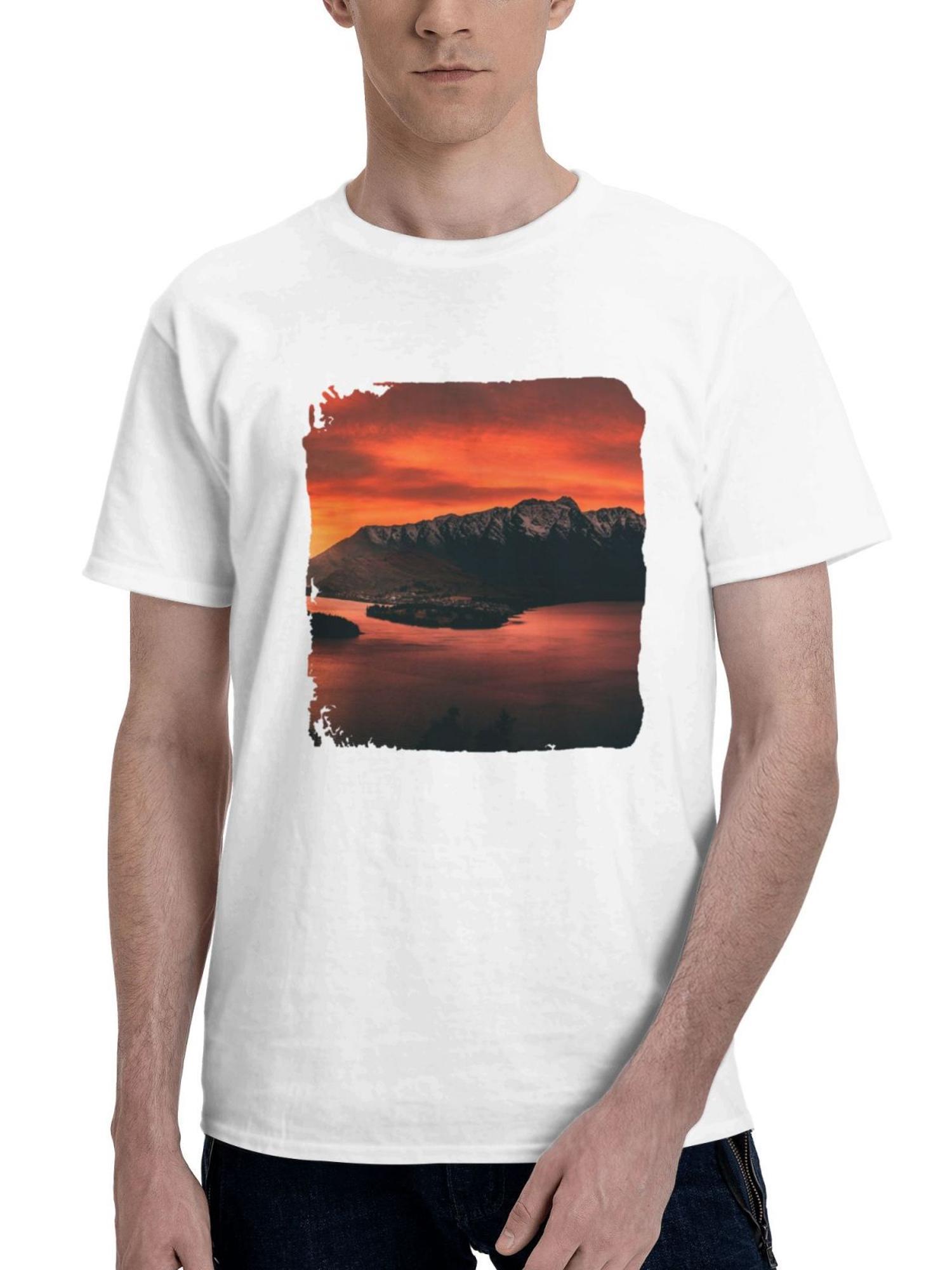 Body Of Water Near Mountains 180G 100% Cotton Printed Round Neck Short-Sleeve T-Shirt, Gifts for Men Dad Husband Grandpa, S-XXXL, White