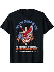 Feel The Power Of God Eagle Flag USA Christian Patriot Bald T-Shirt 180G 100% Cotton Printed Round Neck Short-Sleeve T-Shirt, Gifts for Men Dad Husband Grandpa, S-XXXL, Black