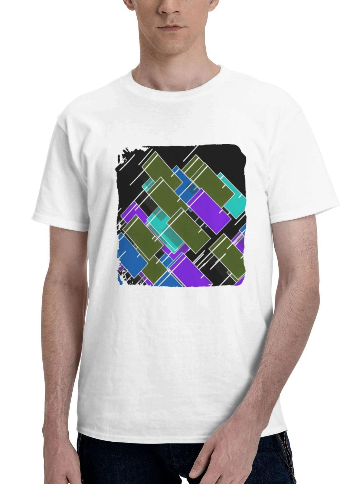 Abstract Geometry Shapes Oled 180G 100% Cotton Printed Round Neck Short-Sleeve T-Shirt, Gifts for Men Dad Husband Grandpa, S-XXXL, White
