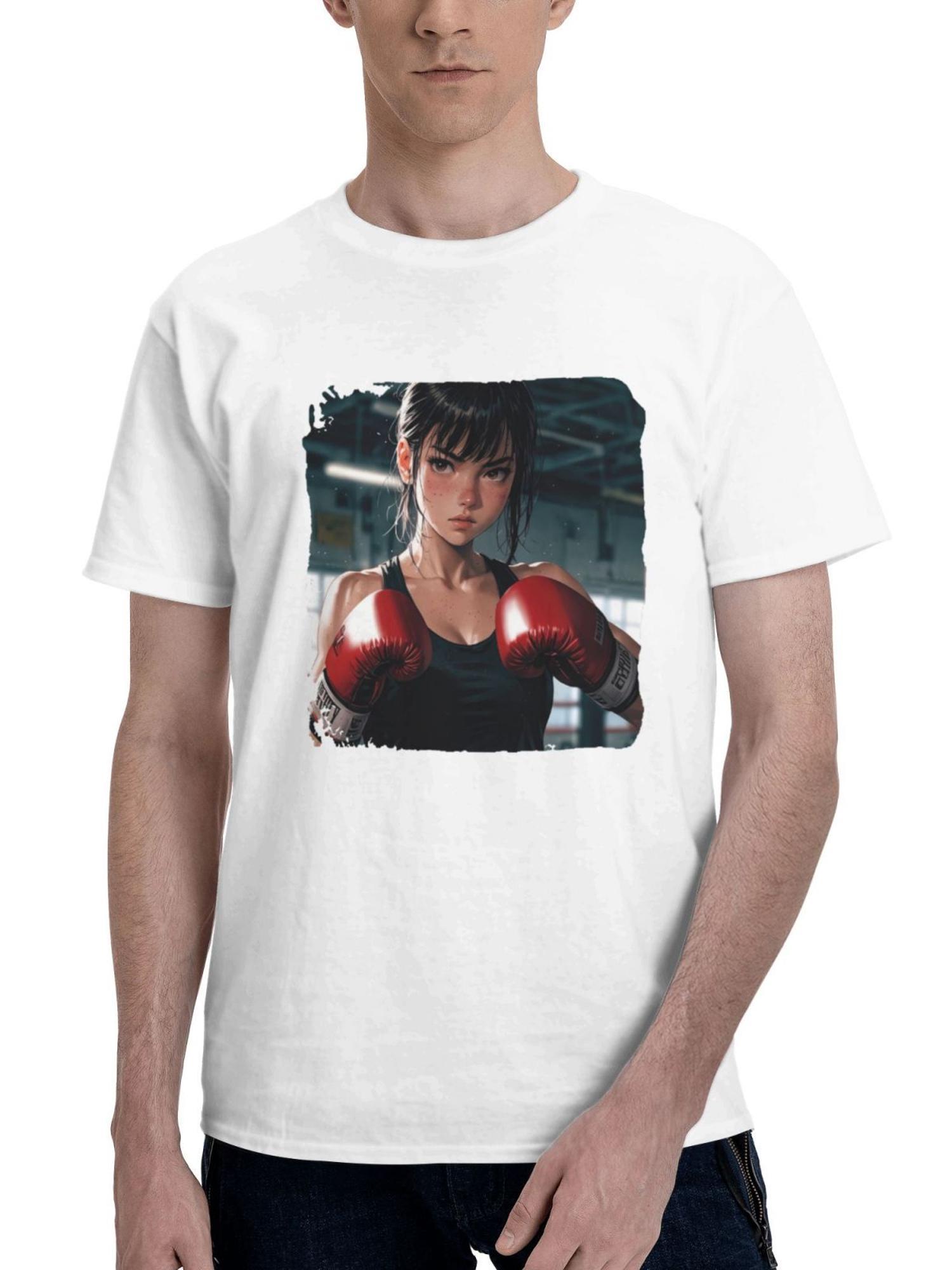 Boxing Anime Girl 180G 100% Cotton Printed Round Neck Short-Sleeve T-Shirt, Gifts for Men Dad Husband Grandpa, S-XXXL, White
