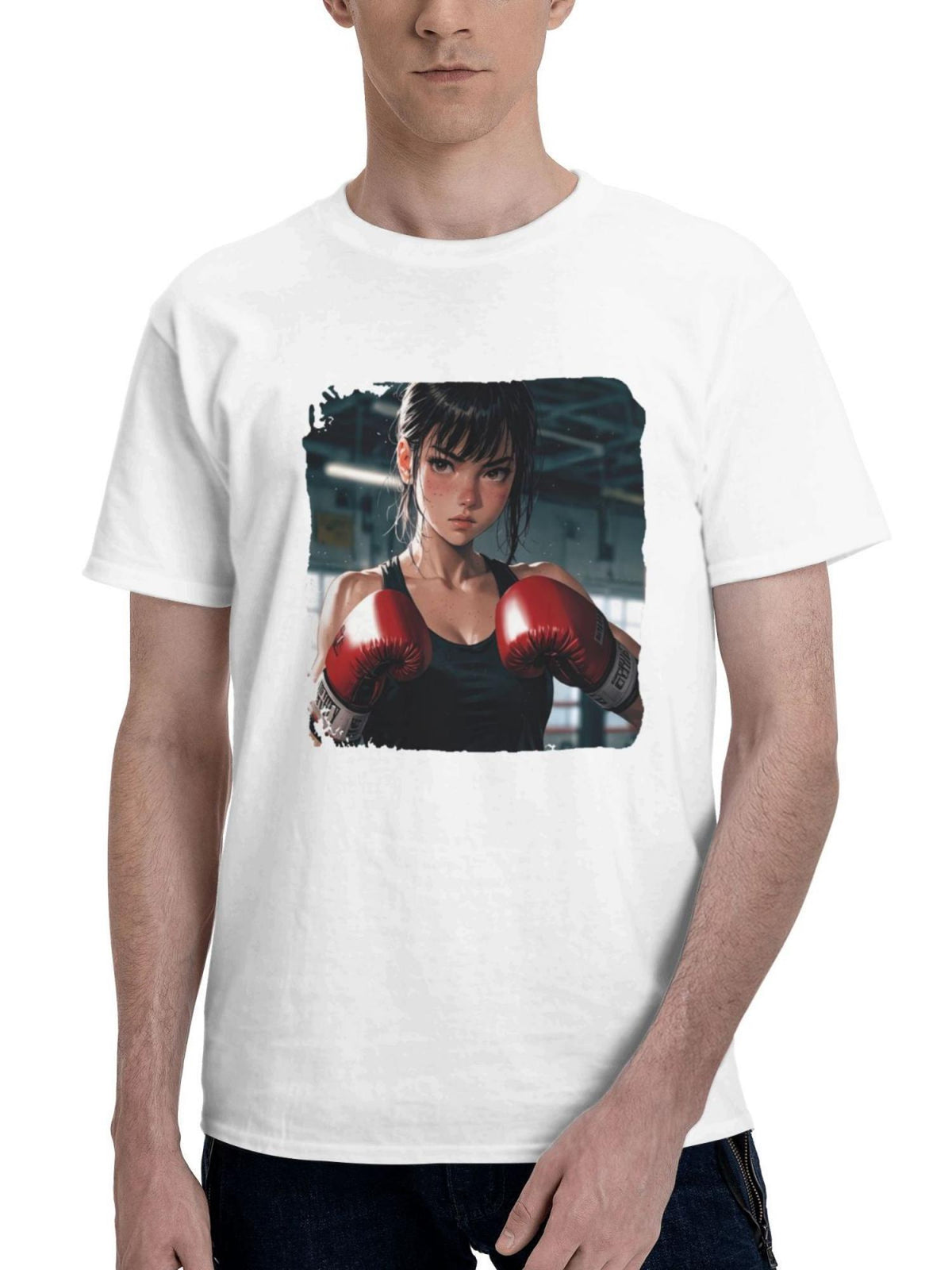 Boxing Anime Girl 180G 100% Cotton Printed Round Neck Short-Sleeve T-Shirt, Gifts for Men Dad Husband Grandpa, S-XXXL, White