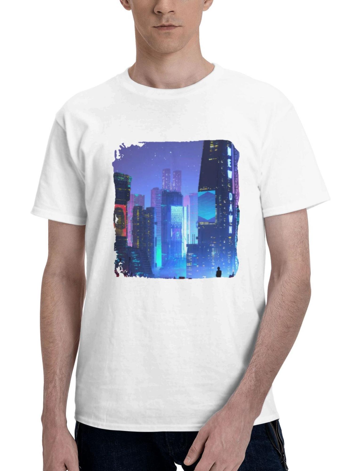 Boy In Scifi City 180G 100% Cotton Printed Round Neck Short-Sleeve T-Shirt, Gifts for Men Dad Husband Grandpa, S-XXXL, White