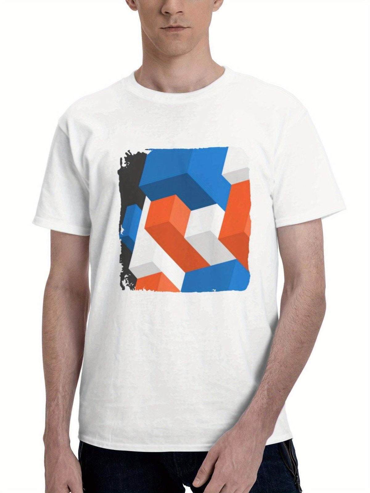 Abstract Shapes Motion 180G 100% Cotton Printed Round Neck Short-Sleeve T-Shirt, Gifts for Men Dad Husband Grandpa, S-XXXL, White