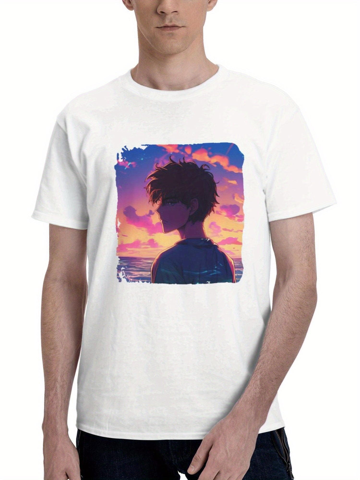 Boy Vaporwave Sunset Glow Palm Trees Yacht Relaxing 180G 100% Cotton Printed Round Neck Short-Sleeve T-Shirt, Gifts for Men Dad Husband Grandpa, S-XXXL, White