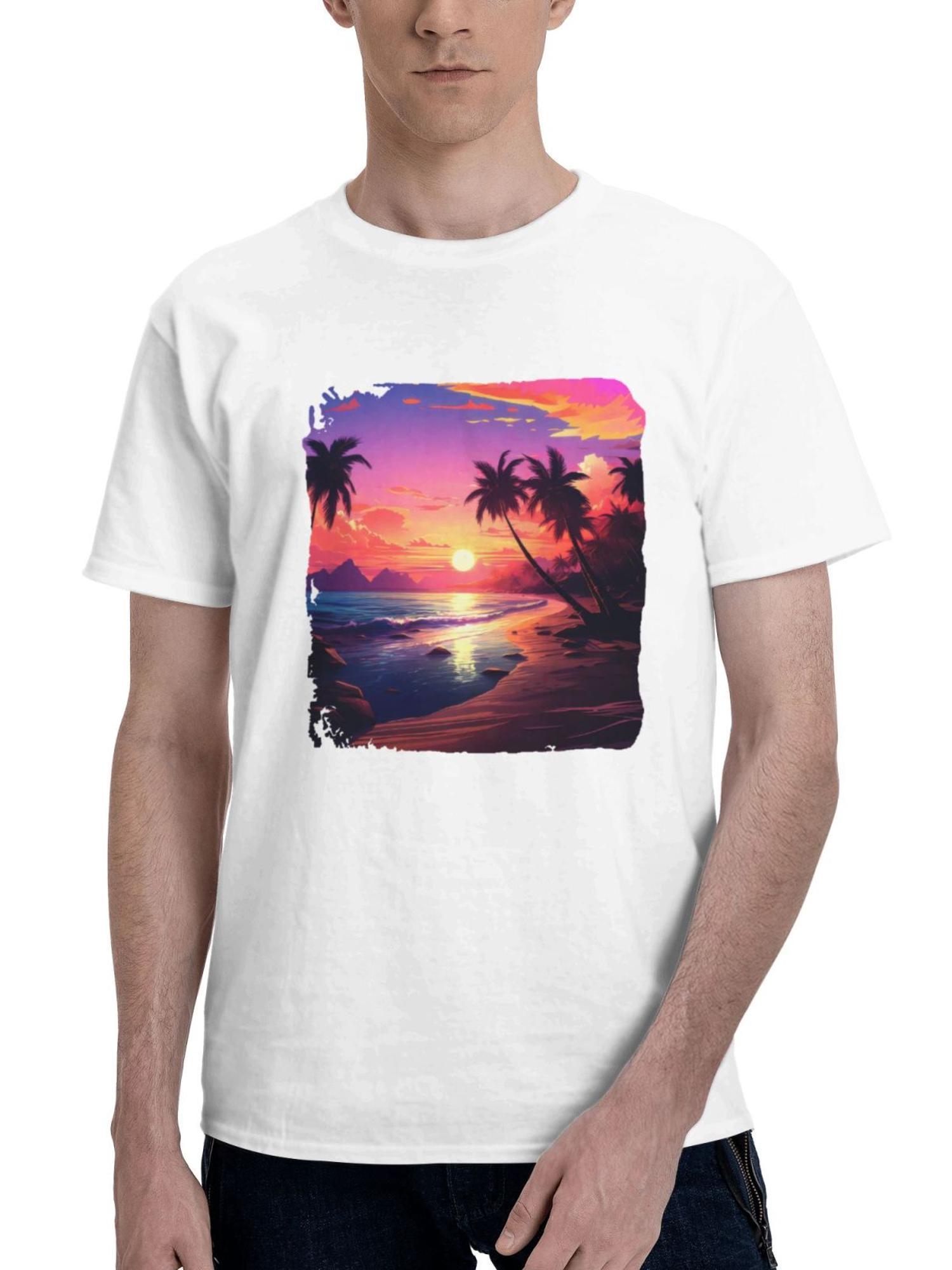 Beach Day Minimal 180G 100% Cotton Printed Round Neck Short-Sleeve T-Shirt, Gifts for Men Dad Husband Grandpa, S-XXXL, White