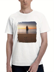 Beach Sunset Relaxing 180G 100% Cotton Printed Round Neck Short-Sleeve T-Shirt, Gifts for Men Dad Husband Grandpa, S-XXXL, White