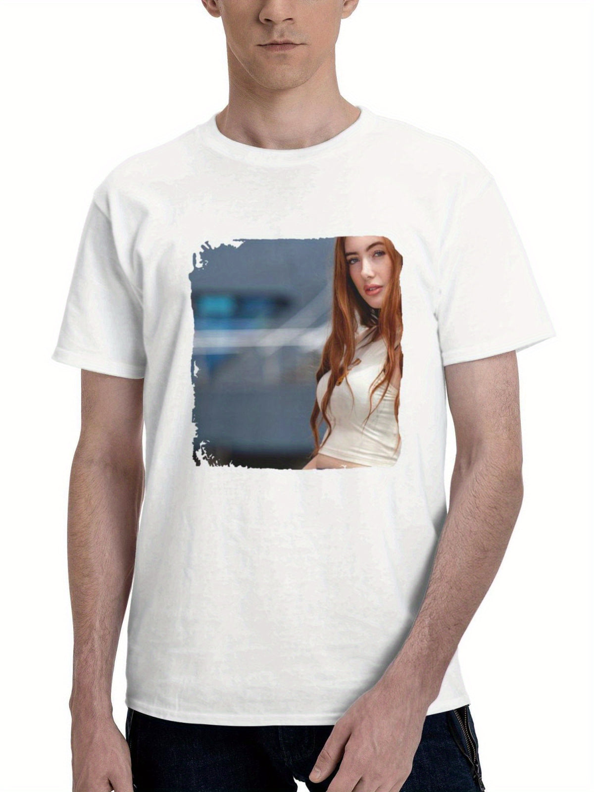 Beautiful Girl Poses In Jeans Locking Eyes With The Viewer 180G 100% Cotton Printed Round Neck Short-Sleeve T-Shirt, Gifts for Men Dad Husband Grandpa, S-XXXL, White