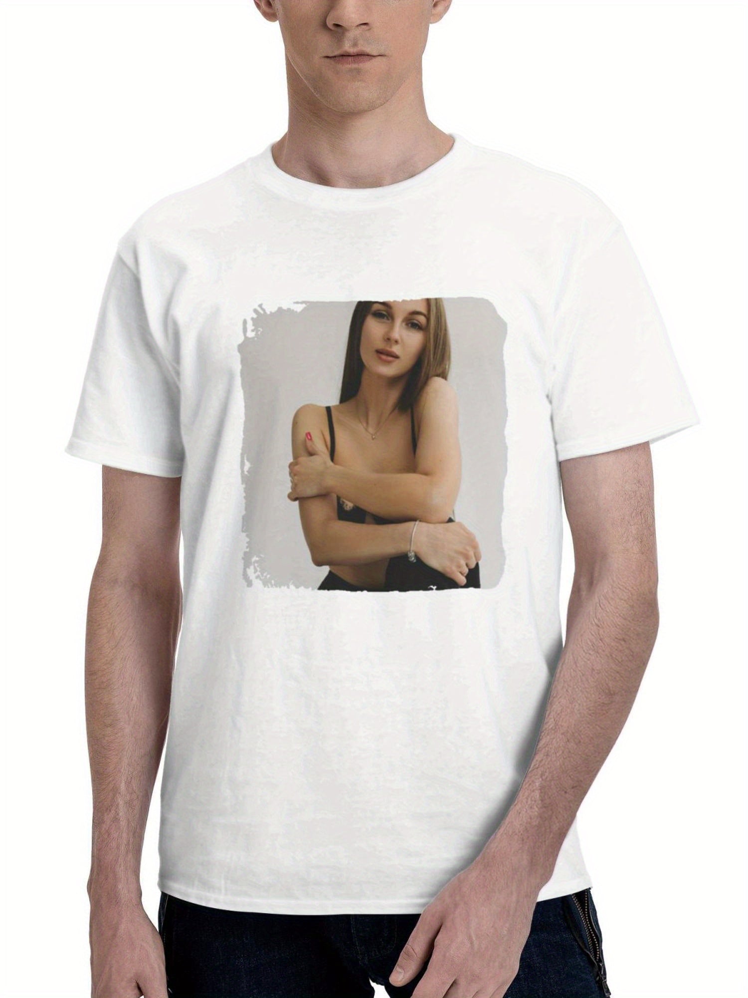 Black Dress Model Looking At The Viewer 180G 100% Cotton Printed Round Neck Short-Sleeve T-Shirt, Gifts for Men Dad Husband Grandpa, S-XXXL, White