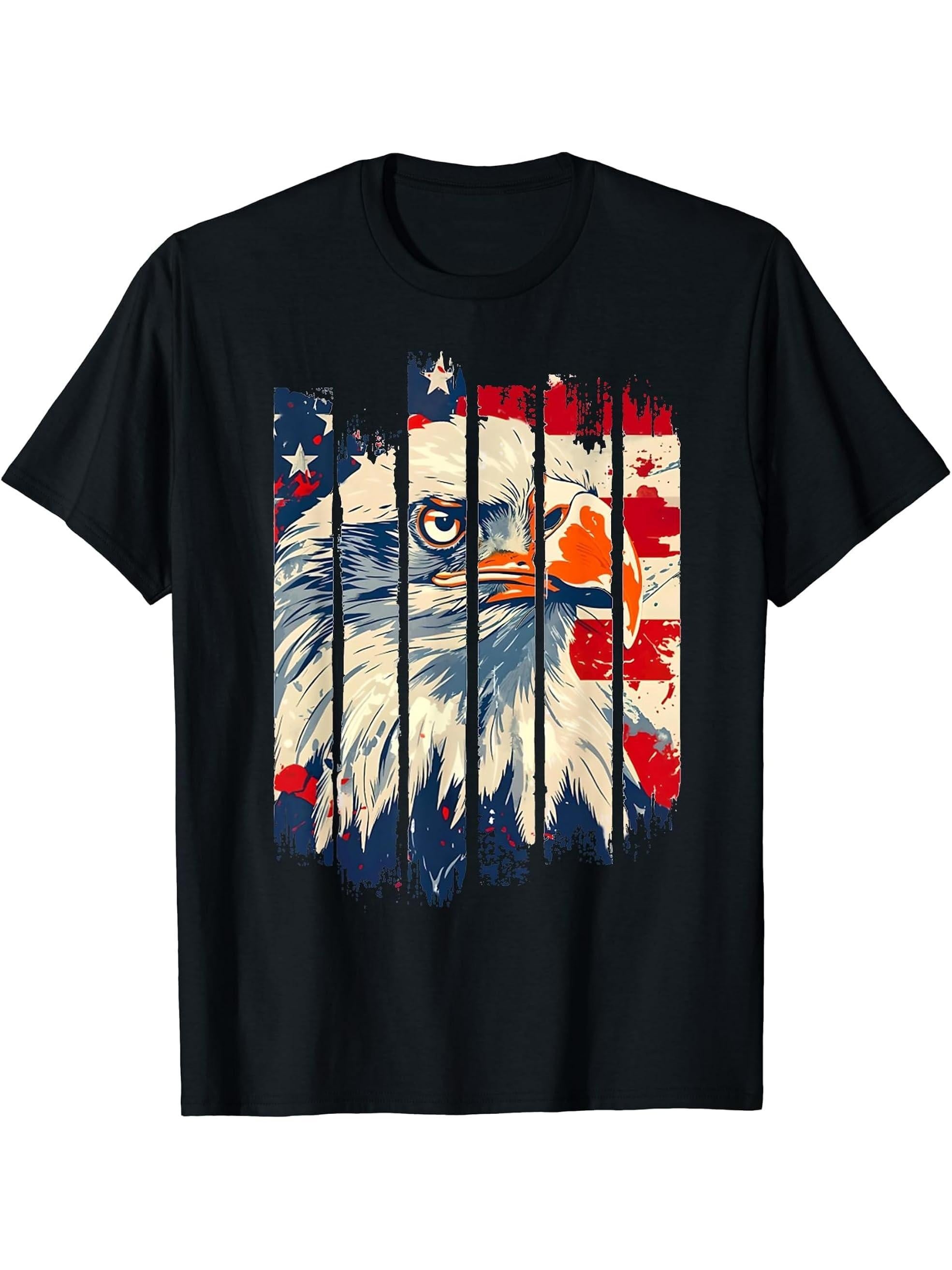 Bald Eagle 4th of July Christmas American Flag USA Patriotic T-Shirt 180G 100% Cotton Printed Round Neck Short-Sleeve T-Shirt, Gifts for Men Dad Husband Grandpa, S-XXXL, Black