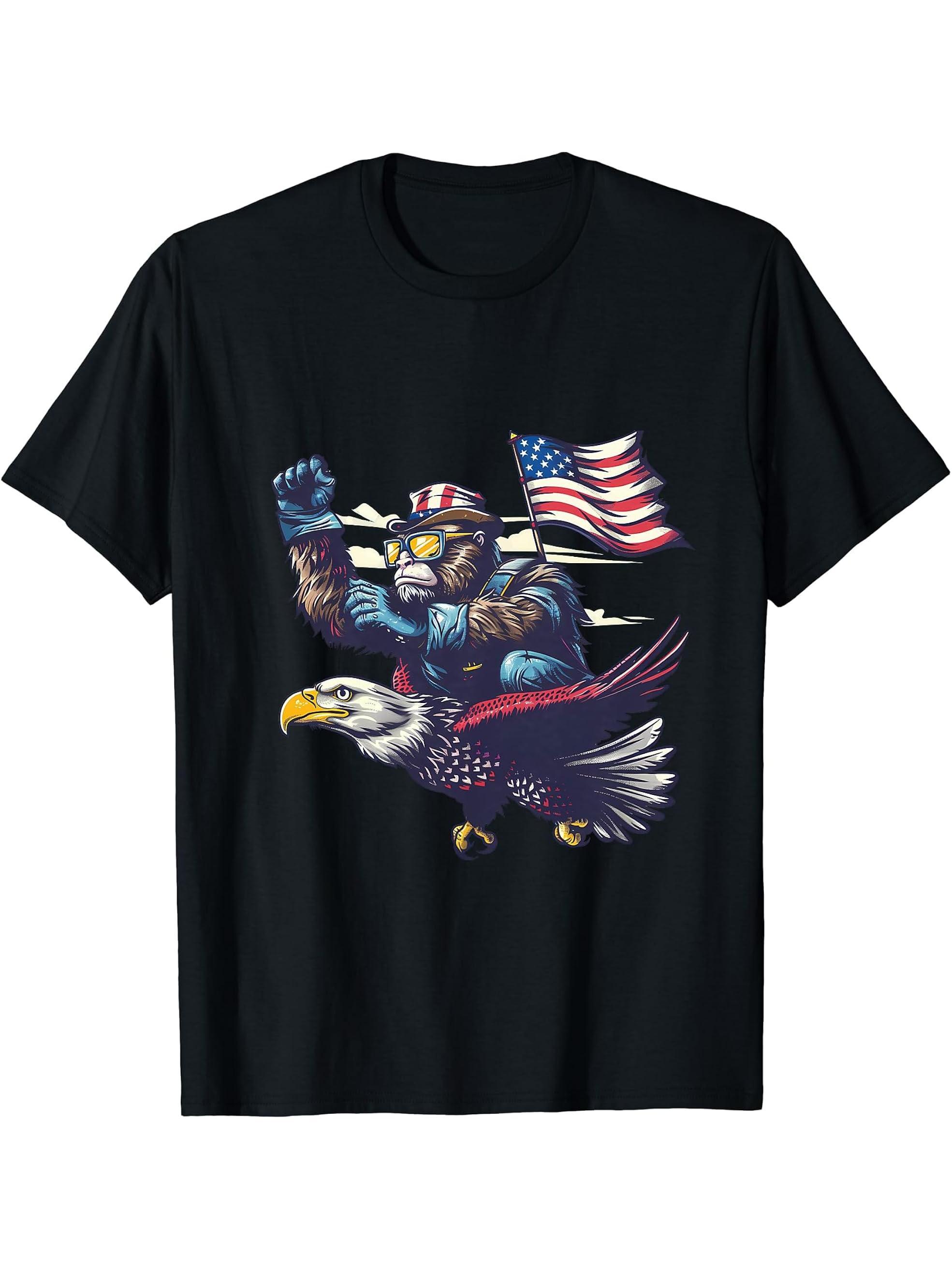 Funny Monkey Bald Eagle American Flag USA Fourth Of July T-Shirt 180G 100% Cotton Printed Round Neck Short-Sleeve T-Shirt, Gifts for Men Dad Husband Grandpa, S-XXXL, Black