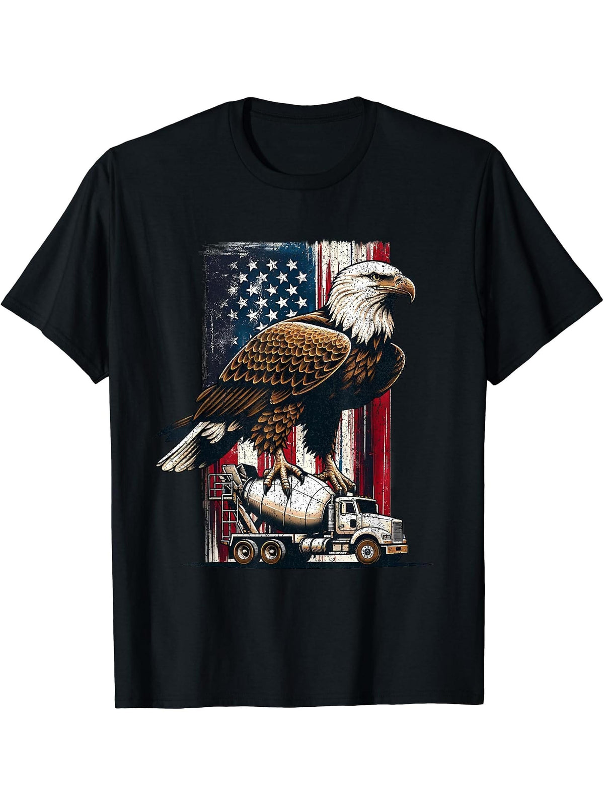 American Flag Cement Mixer Bald Eagle 4th Of July Vintage T-Shirt 180G 100% Cotton Printed Round Neck Short-Sleeve T-Shirt, Gifts for Men Dad Husband Grandpa, S-XXXL, Black