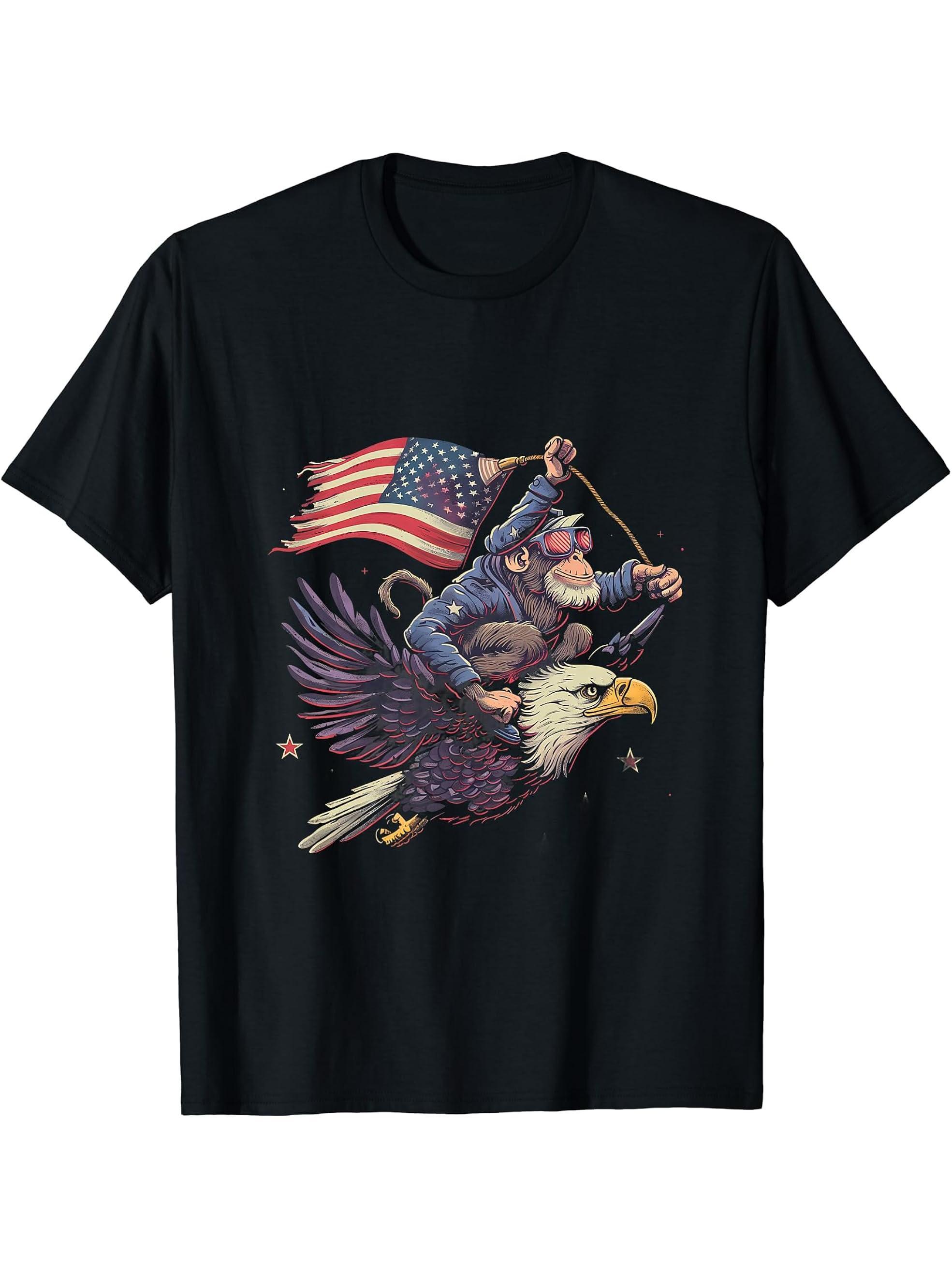 Funny Monkey Bald Eagle American Flag USA Fourth Of July T-Shirt 180G 100% Cotton Printed Round Neck Short-Sleeve T-Shirt, Gifts for Men Dad Husband Grandpa, S-XXXL, Black