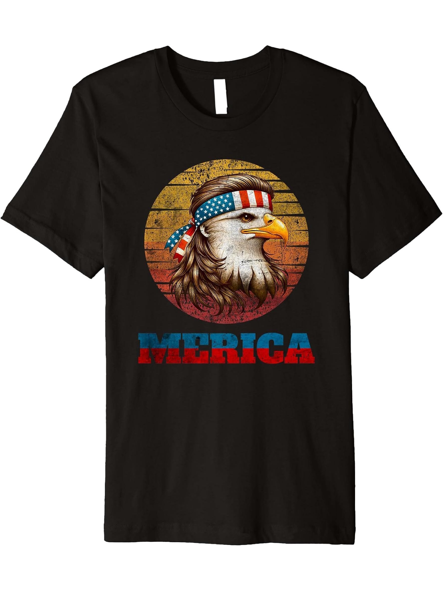 Bald Eagle Mullet Merica American Flag Patriotic 4th Of July Premium T-Shirt 180G 100% Cotton Printed Round Neck Short-Sleeve T-Shirt, Gifts for Men Dad Husband Grandpa, S-XXXL, Black