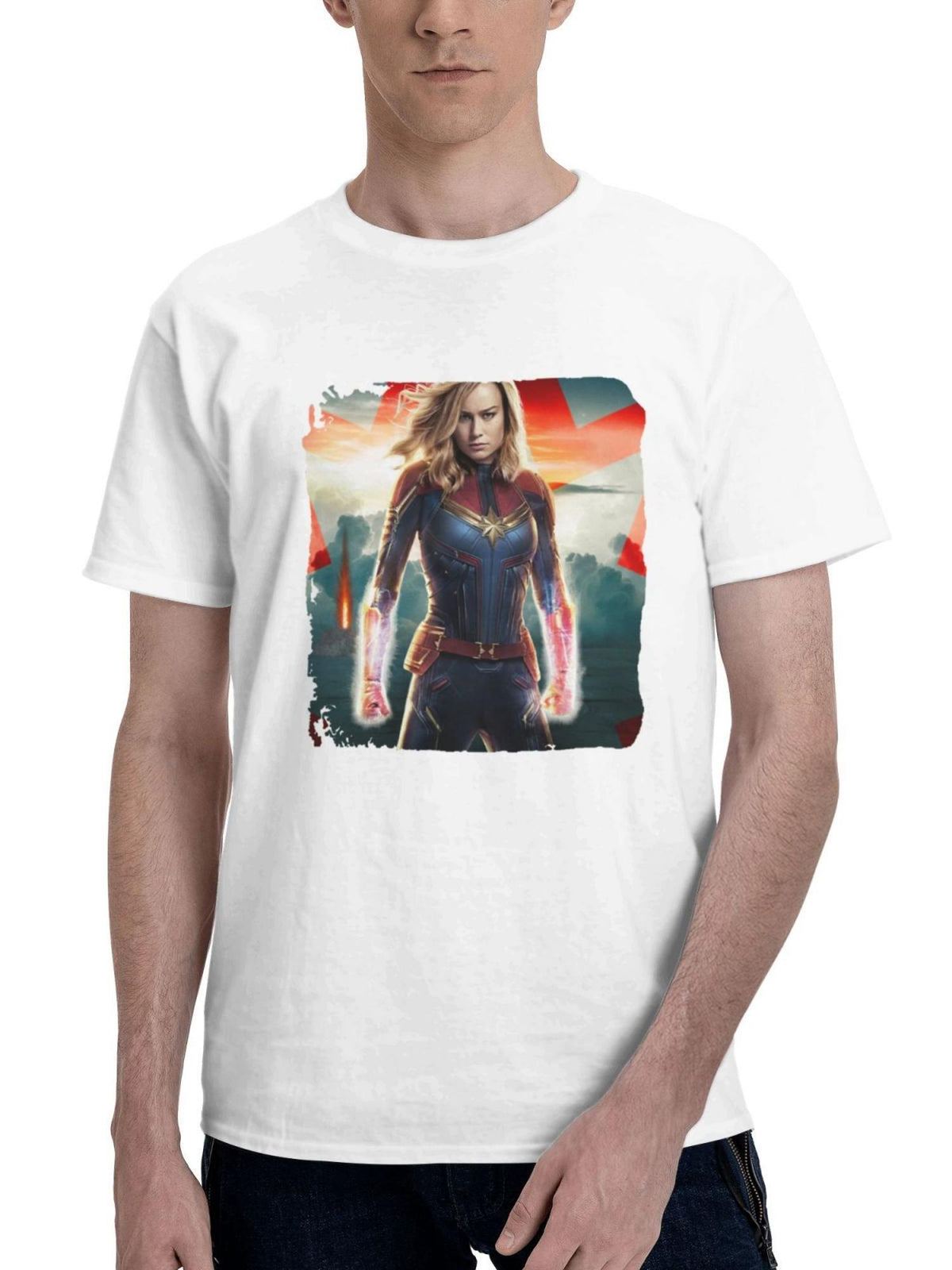 Captain Marvel 10k 180G 100% Cotton Printed Round Neck Short-Sleeve T-Shirt, Gifts for Men Dad Husband Grandpa, S-XXXL, White