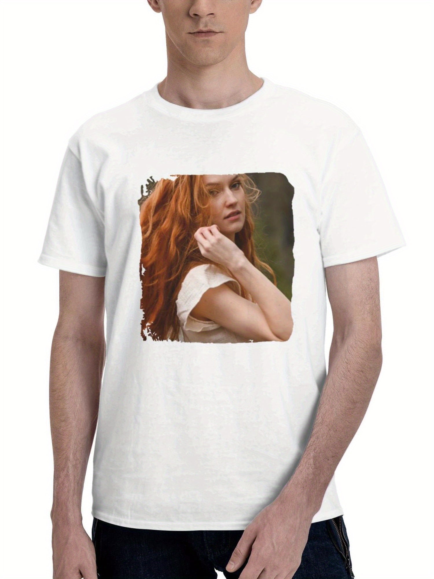 Blonde Girl Long Wavy Hairs In Air Loooking At The Viewer 180G 100% Cotton Printed Round Neck Short-Sleeve T-Shirt, Gifts for Men Dad Husband Grandpa, S-XXXL, White