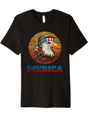 Bald Eagle Mullet Merica American Flag Patriotic 4th Of July Premium T-Shirt 180G 100% Cotton Printed Round Neck Short-Sleeve T-Shirt, Gifts for Men Dad Husband Grandpa, S-XXXL, Black
