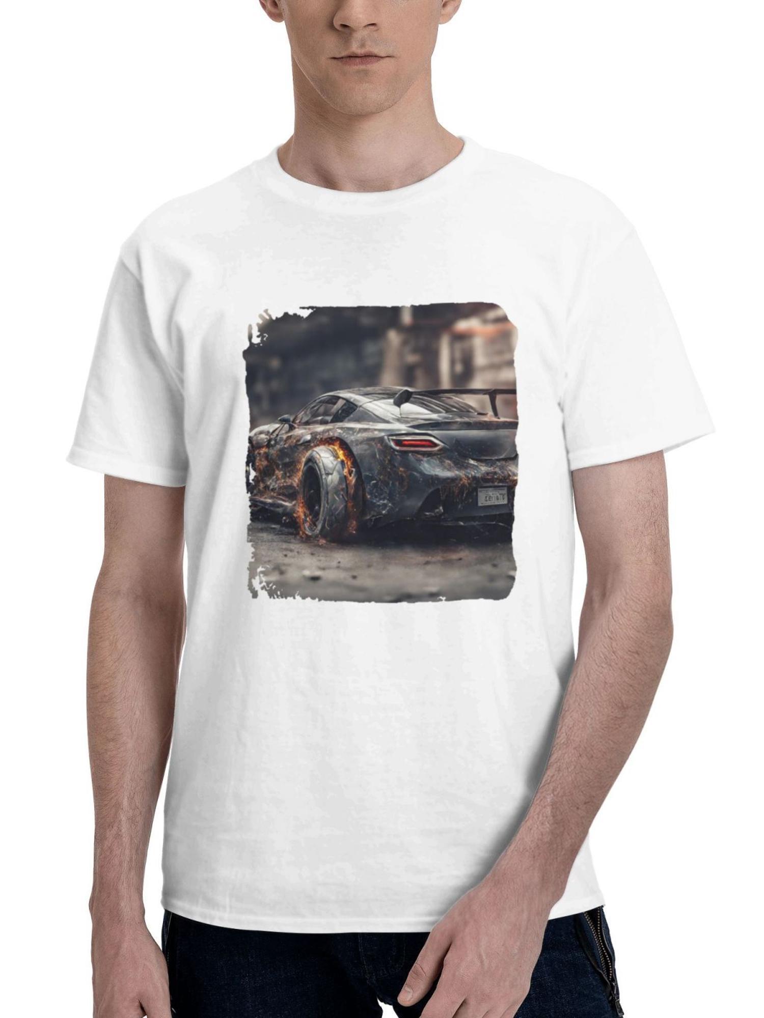 Car With Burning Wheels Ai Art 180G 100% Cotton Printed Round Neck Short-Sleeve T-Shirt, Gifts for Men Dad Husband Grandpa, S-XXXL, White