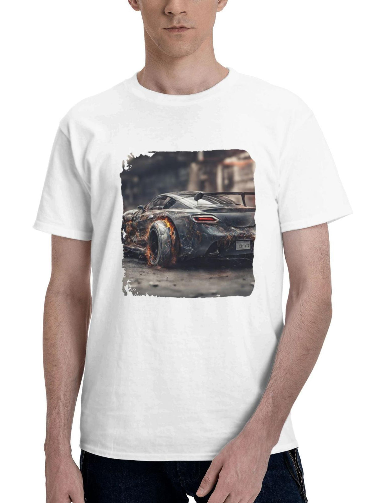 Car With Burning Wheels Ai Art 180G 100% Cotton Printed Round Neck Short-Sleeve T-Shirt, Gifts for Men Dad Husband Grandpa, S-XXXL, White