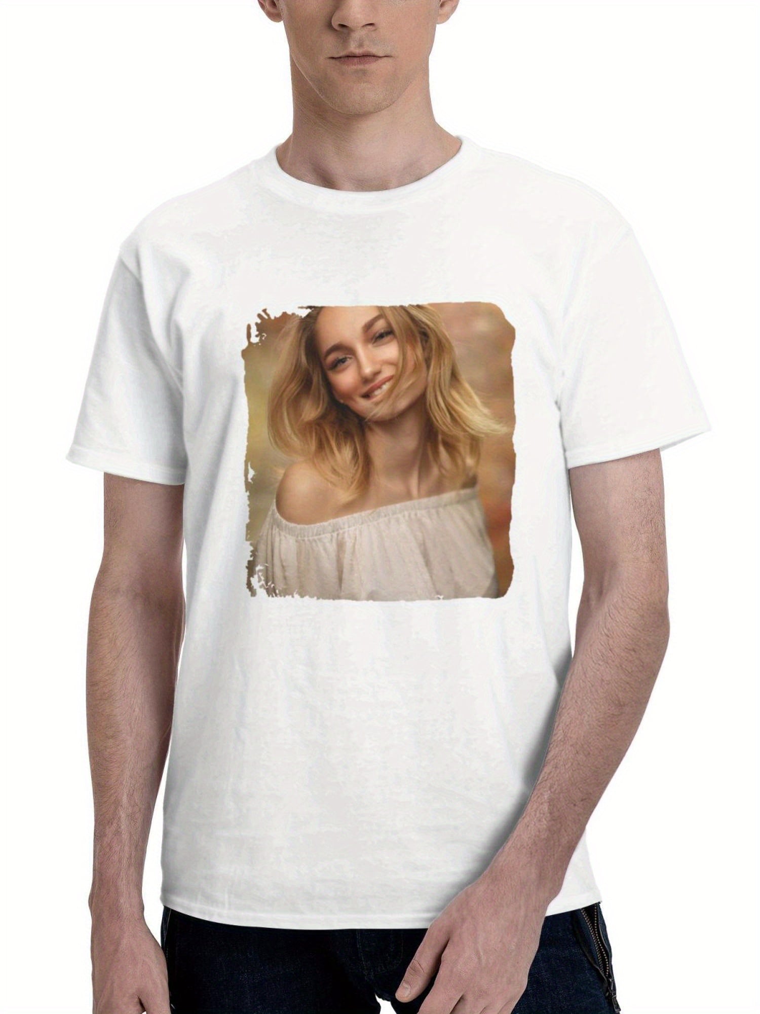 Blonde Young Girl Cute Smiling 180G 100% Cotton Printed Round Neck Short-Sleeve T-Shirt, Gifts for Men Dad Husband Grandpa, S-XXXL, White