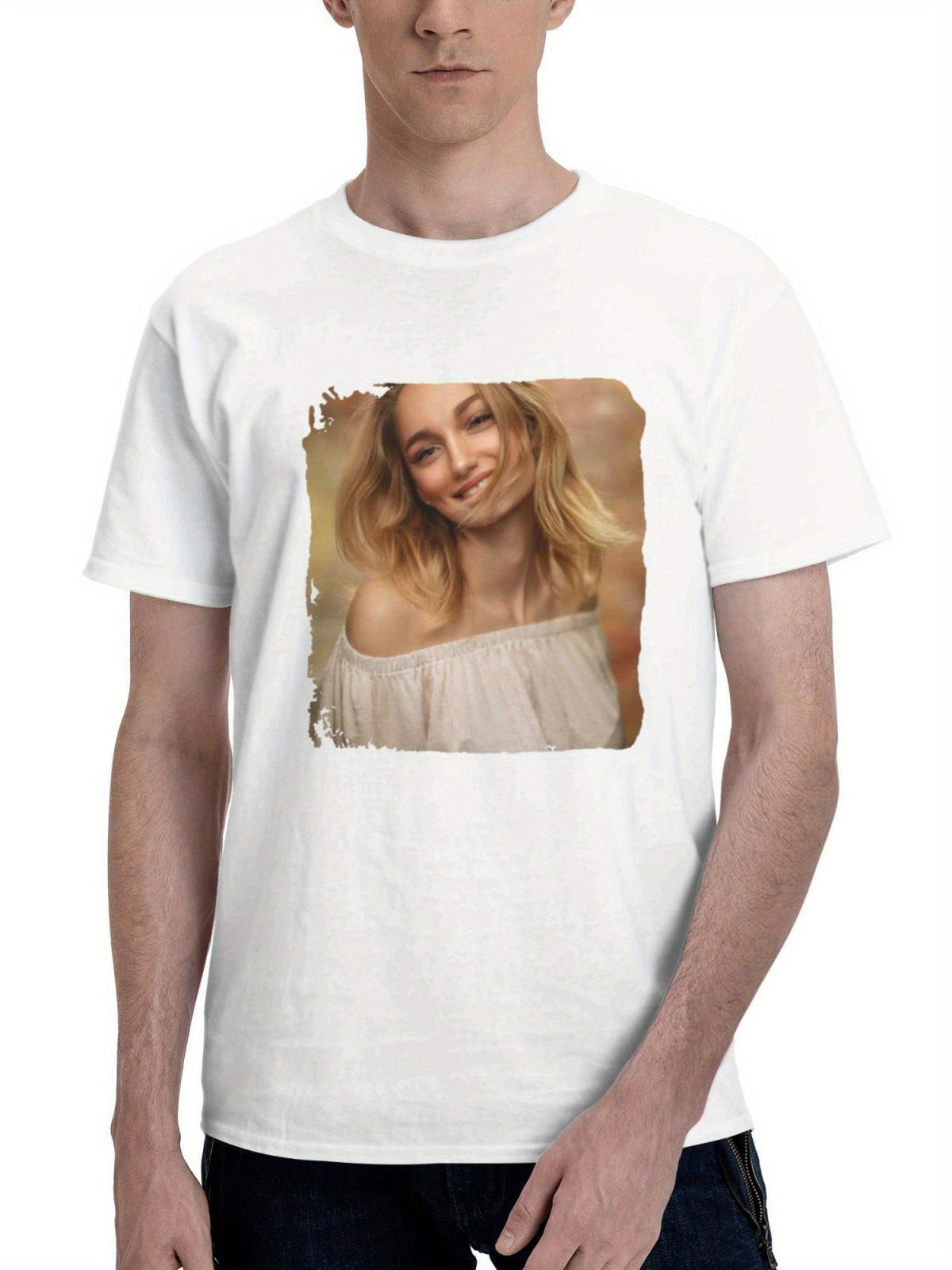 Blonde Young Girl Cute Smiling 180G 100% Cotton Printed Round Neck Short-Sleeve T-Shirt, Gifts for Men Dad Husband Grandpa, S-XXXL, White