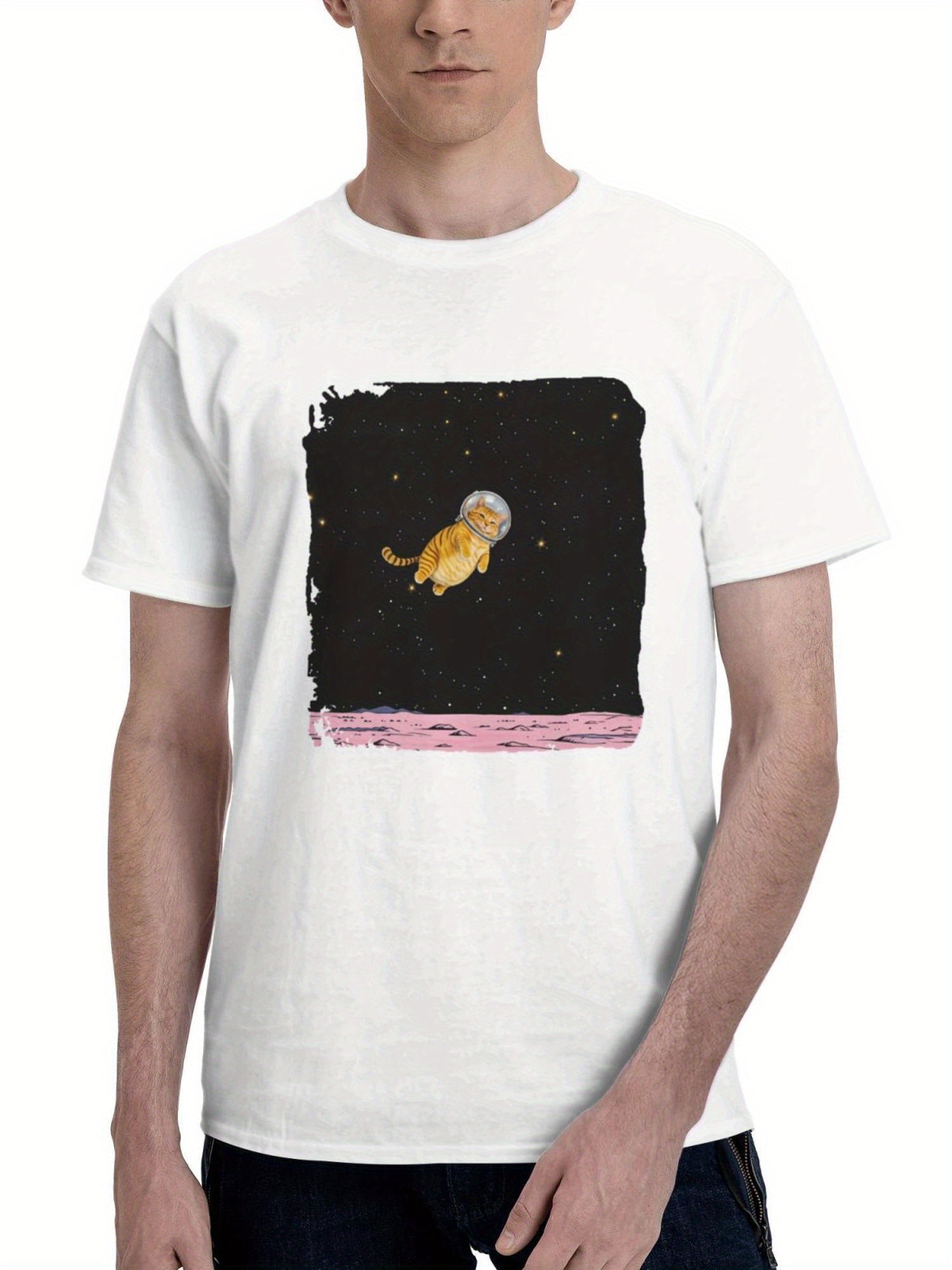 Cat In Space 180G 100% Cotton Printed Round Neck Short-Sleeve T-Shirt, Gifts for Men Dad Husband Grandpa, S-XXXL, White