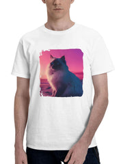 Cat Synthwave Rf 180G 100% Cotton Printed Round Neck Short-Sleeve T-Shirt, Gifts for Men Dad Husband Grandpa, S-XXXL, White