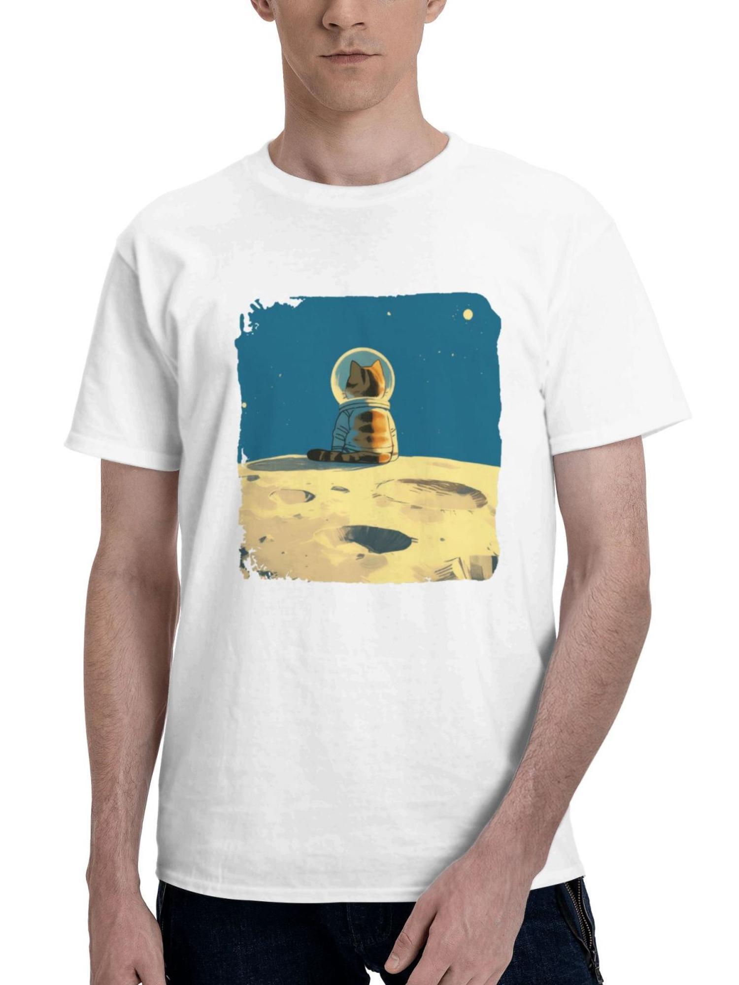 Cat Who Is Astronaut 180G 100% Cotton Printed Round Neck Short-Sleeve T-Shirt, Gifts for Men Dad Husband Grandpa, S-XXXL, White