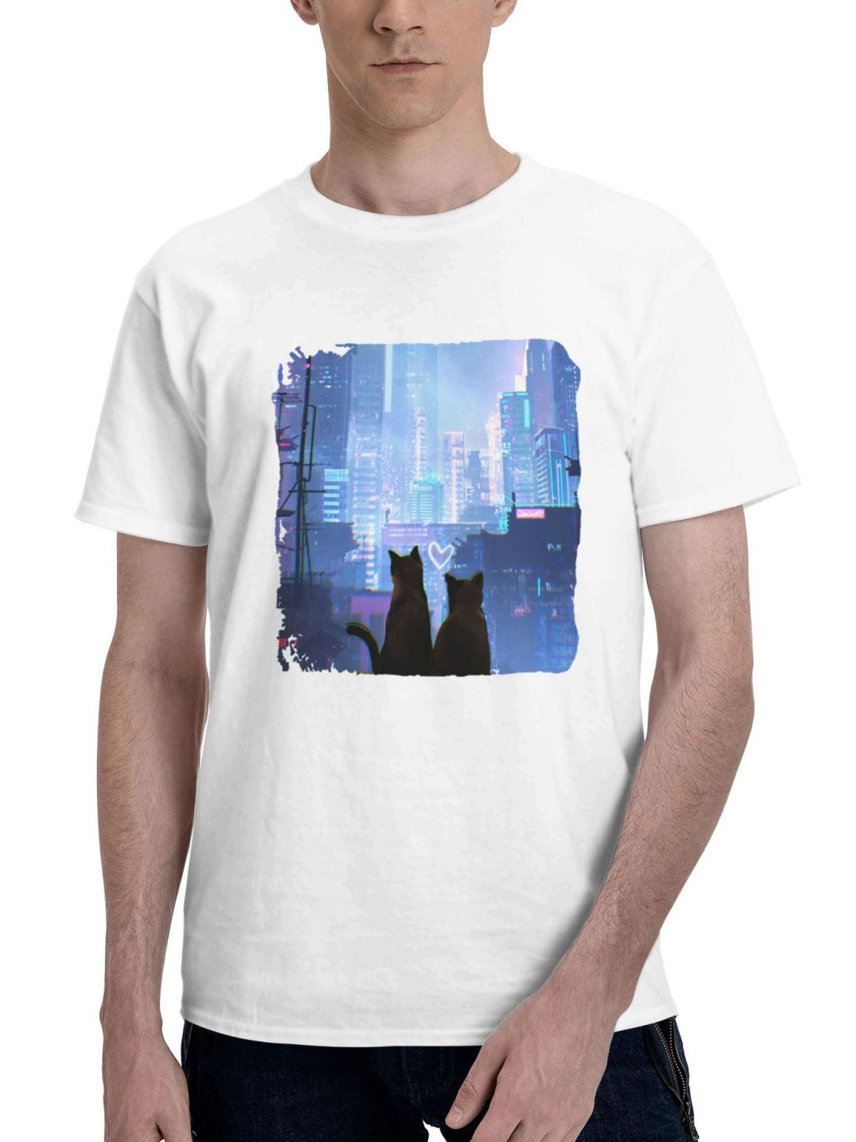 Cats In Love 180G 100% Cotton Printed Round Neck Short-Sleeve T-Shirt, Gifts for Men Dad Husband Grandpa, S-XXXL, White