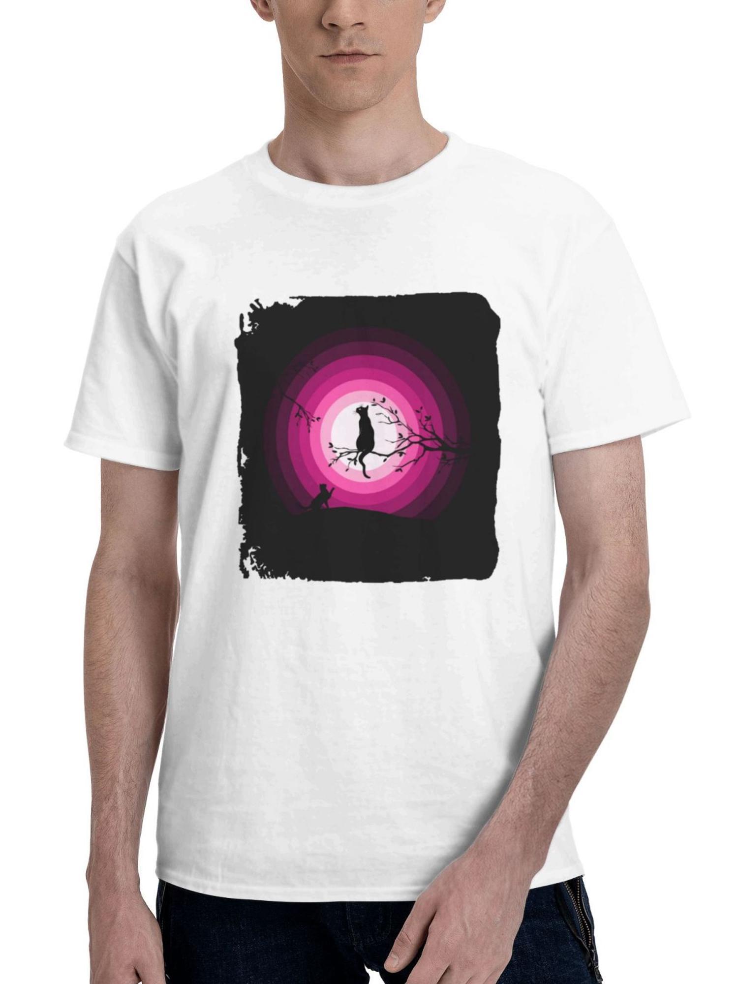 Cats Moon Pink Silhouette 180G 100% Cotton Printed Round Neck Short-Sleeve T-Shirt, Gifts for Men Dad Husband Grandpa, S-XXXL, White