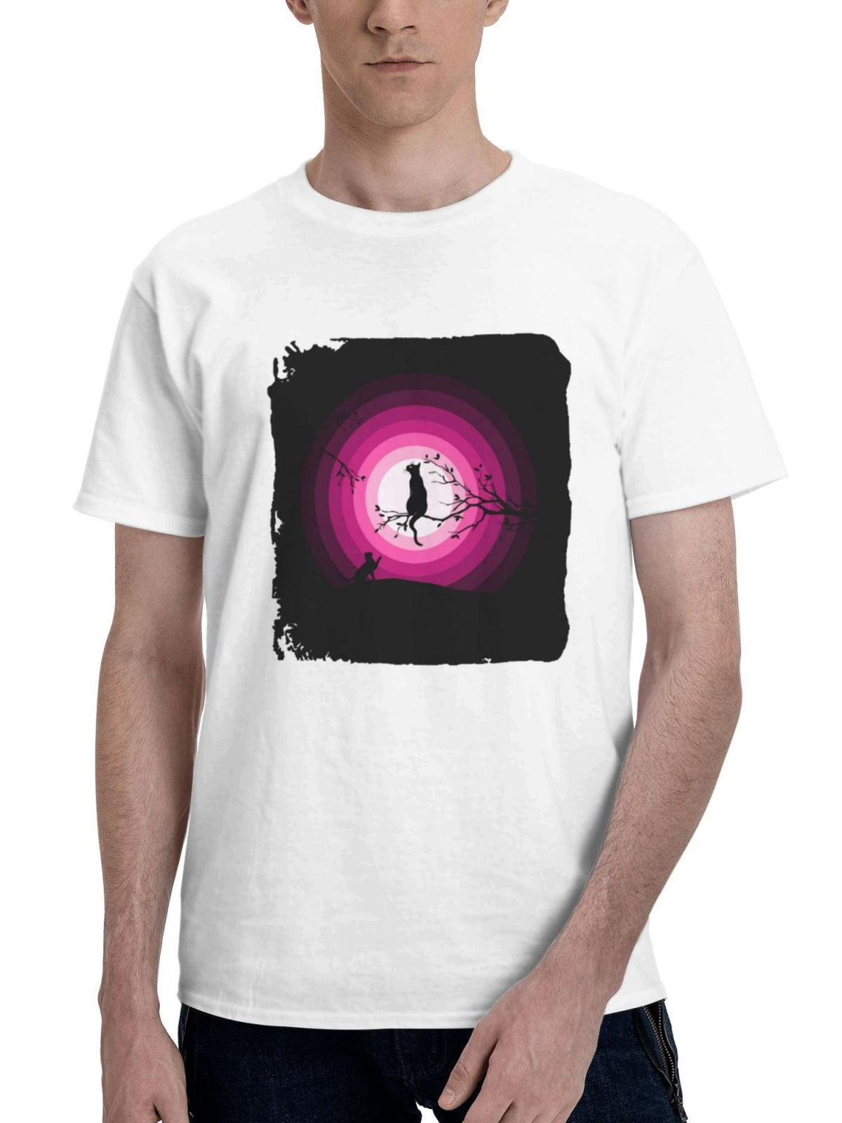 Cats Moon Pink Silhouette 180G 100% Cotton Printed Round Neck Short-Sleeve T-Shirt, Gifts for Men Dad Husband Grandpa, S-XXXL, White