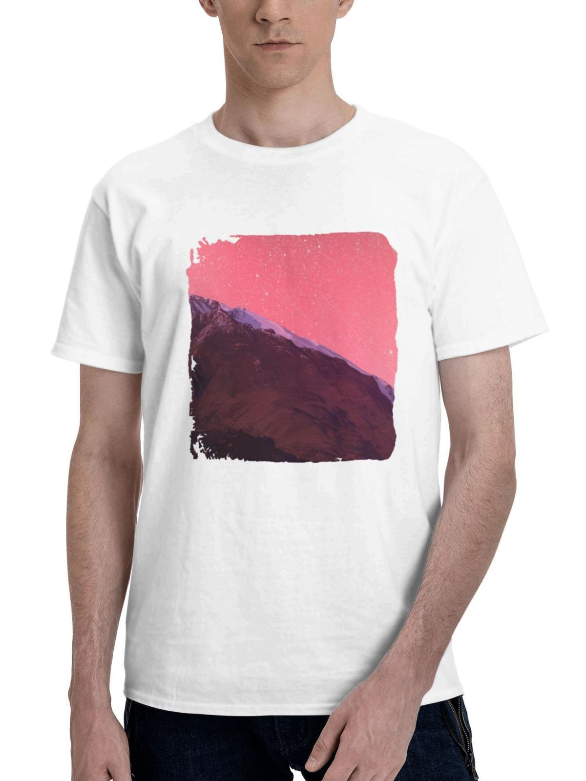 Celestial Peaks Embracing The Starlit Mountains 180G 100% Cotton Printed Round Neck Short-Sleeve T-Shirt, Gifts for Men Dad Husband Grandpa, S-XXXL, White