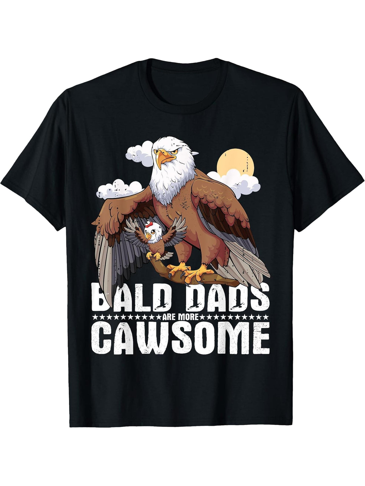 Father's Day Bald Eagle Father Bald Dads are More Cawsome T-Shirt 180G 100% Cotton Printed Round Neck Short-Sleeve T-Shirt, Gifts for Men Dad Husband Grandpa, S-XXXL, Black