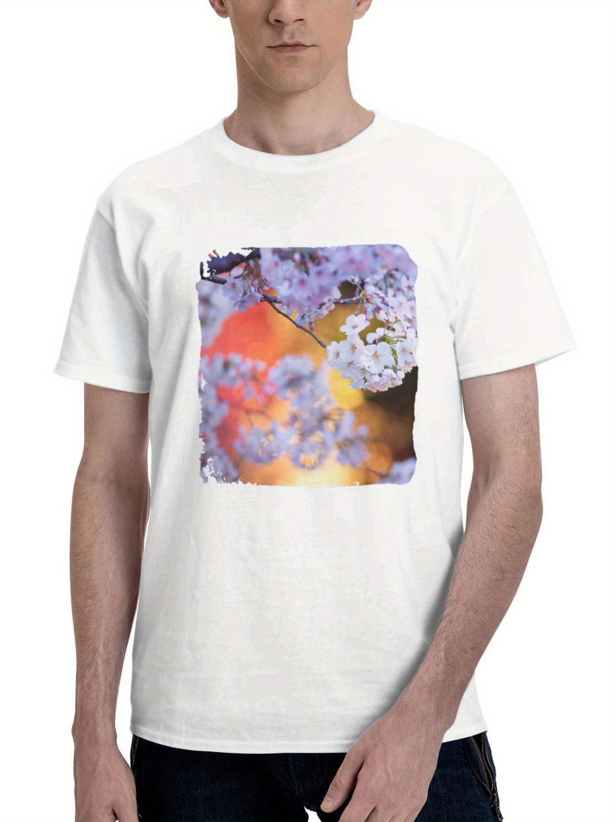 Cherry Blossoms 180G 100% Cotton Printed Round Neck Short-Sleeve T-Shirt, Gifts for Men Dad Husband Grandpa, S-XXXL, White