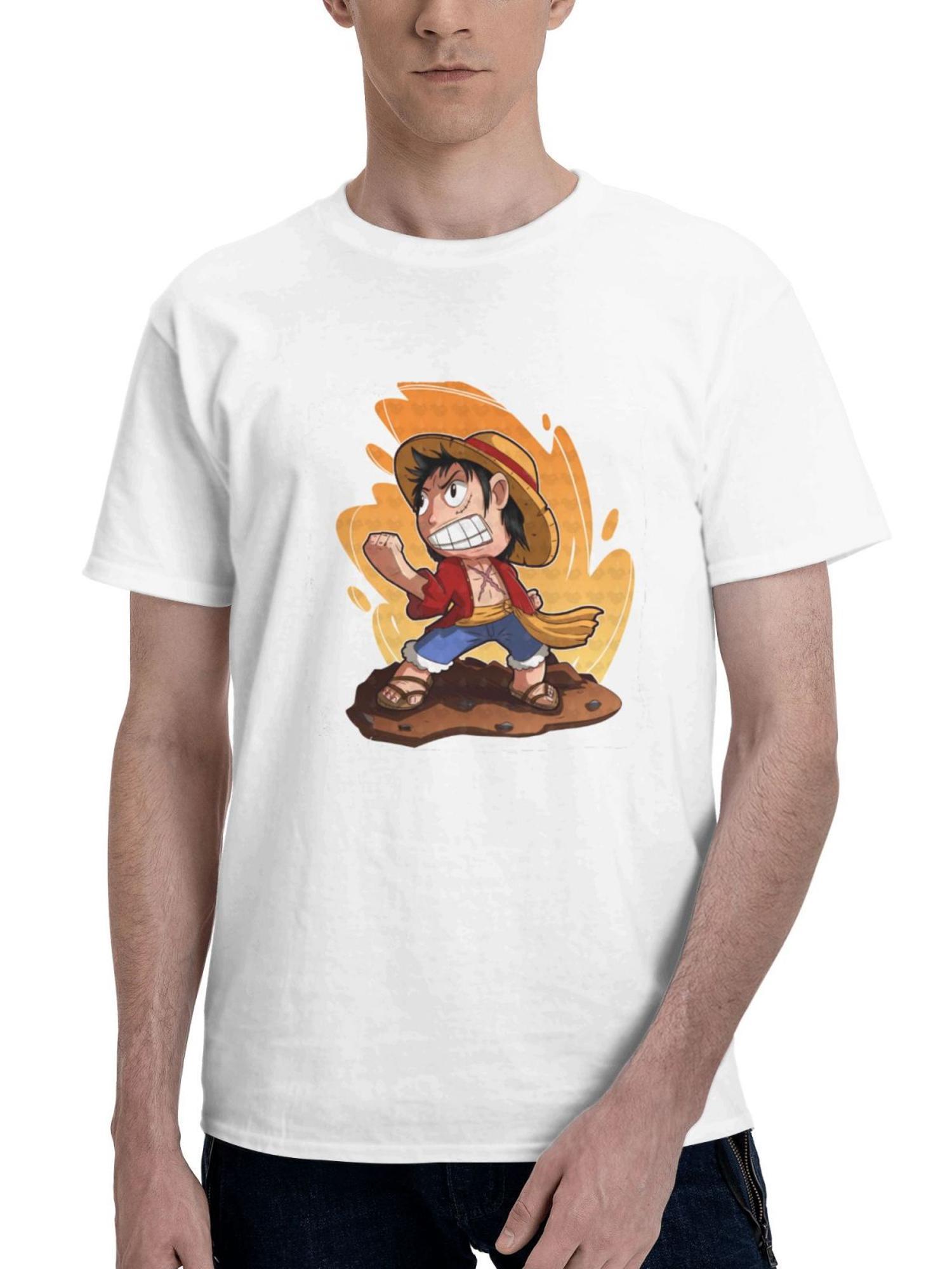 Chibi Luffy From One Piece 180G 100% Cotton Printed Round Neck Short-Sleeve T-Shirt, Gifts for Men Dad Husband Grandpa, S-XXXL, White