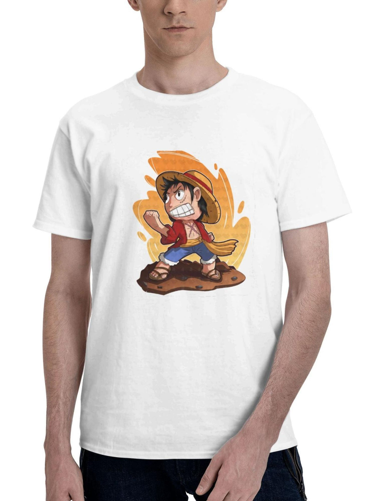 Chibi Luffy From One Piece 180G 100% Cotton Printed Round Neck Short-Sleeve T-Shirt, Gifts for Men Dad Husband Grandpa, S-XXXL, White