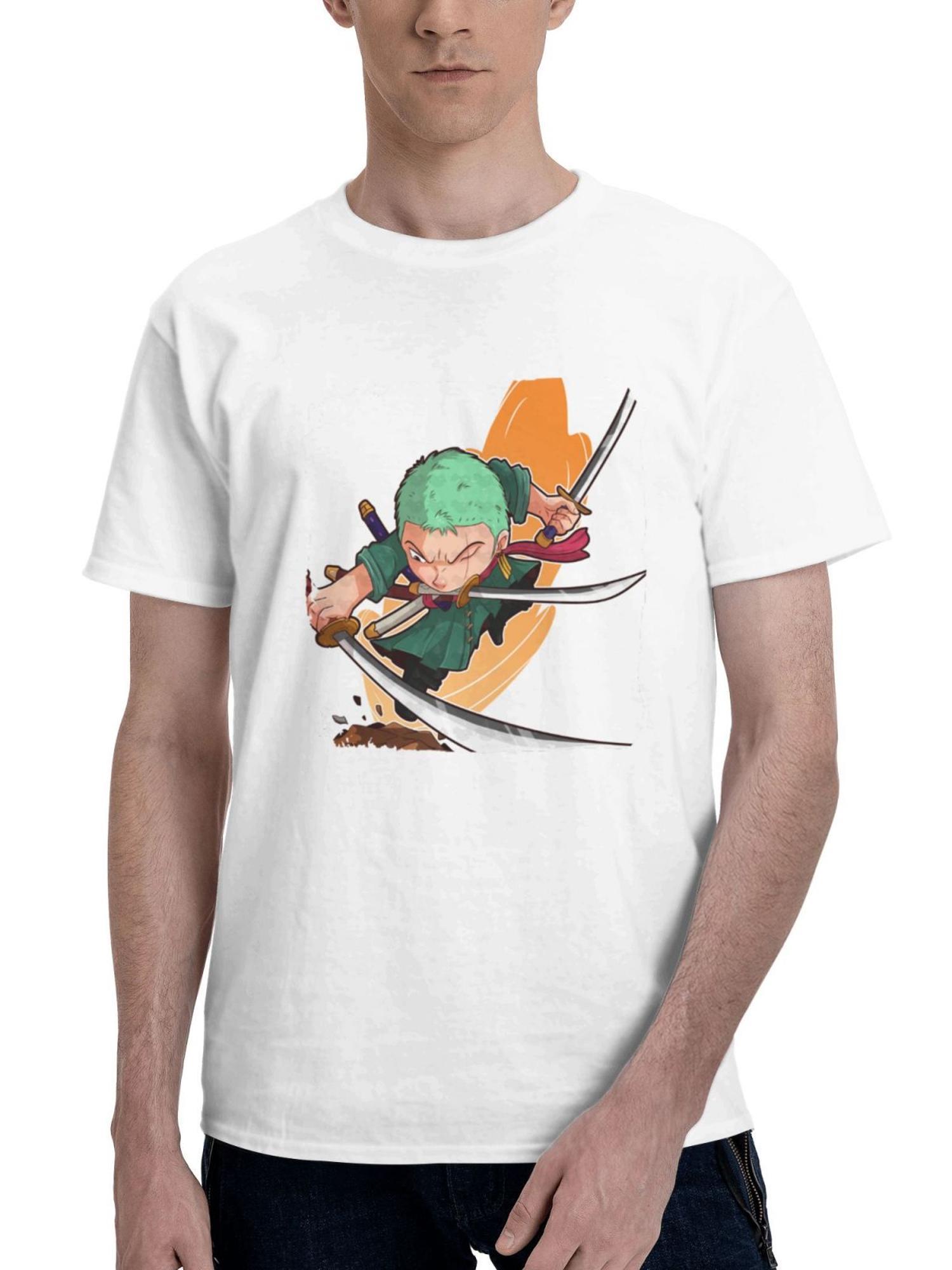 Chibi Roronoa Zoro From One Piece 180G 100% Cotton Printed Round Neck Short-Sleeve T-Shirt, Gifts for Men Dad Husband Grandpa, S-XXXL, White
