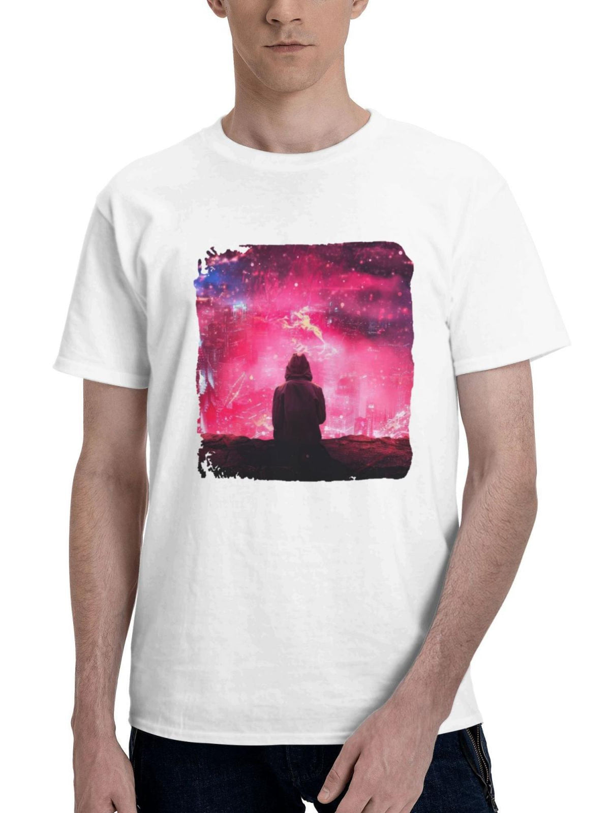 Chillin And Watching The City 180G 100% Cotton Printed Round Neck Short-Sleeve T-Shirt, Gifts for Men Dad Husband Grandpa, S-XXXL, White