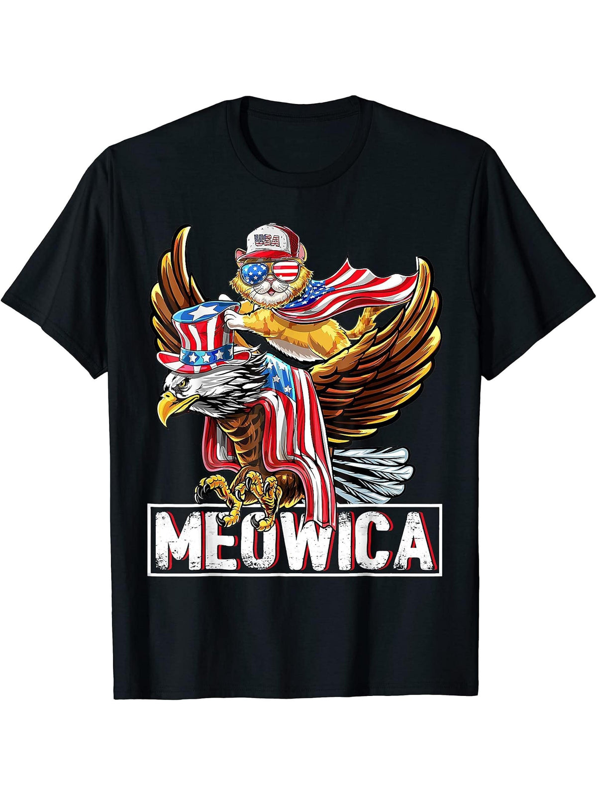Cat Bald Eagle American Flag Meowica Shirt Funny 4th of July T-Shirt 180G 100% Cotton Printed Round Neck Short-Sleeve T-Shirt, Gifts for Men Dad Husband Grandpa, S-XXXL, Black