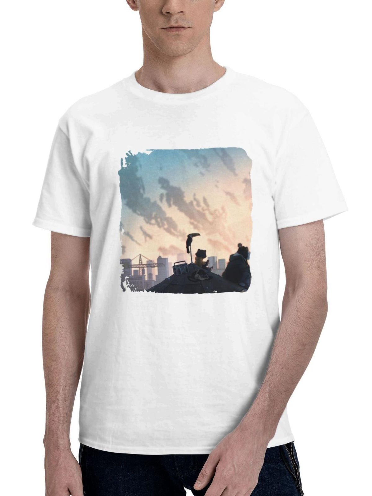 Chilling Time Toucans And Raccoons 180G 100% Cotton Printed Round Neck Short-Sleeve T-Shirt, Gifts for Men Dad Husband Grandpa, S-XXXL, White