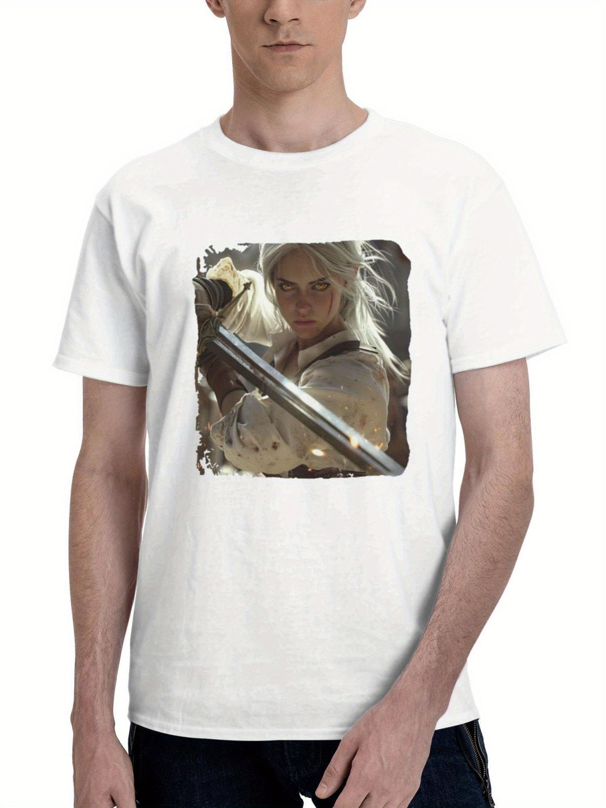 Ciri Warrior Spirit Unleashed 180G 100% Cotton Printed Round Neck Short-Sleeve T-Shirt, Gifts for Men Dad Husband Grandpa, S-XXXL, White