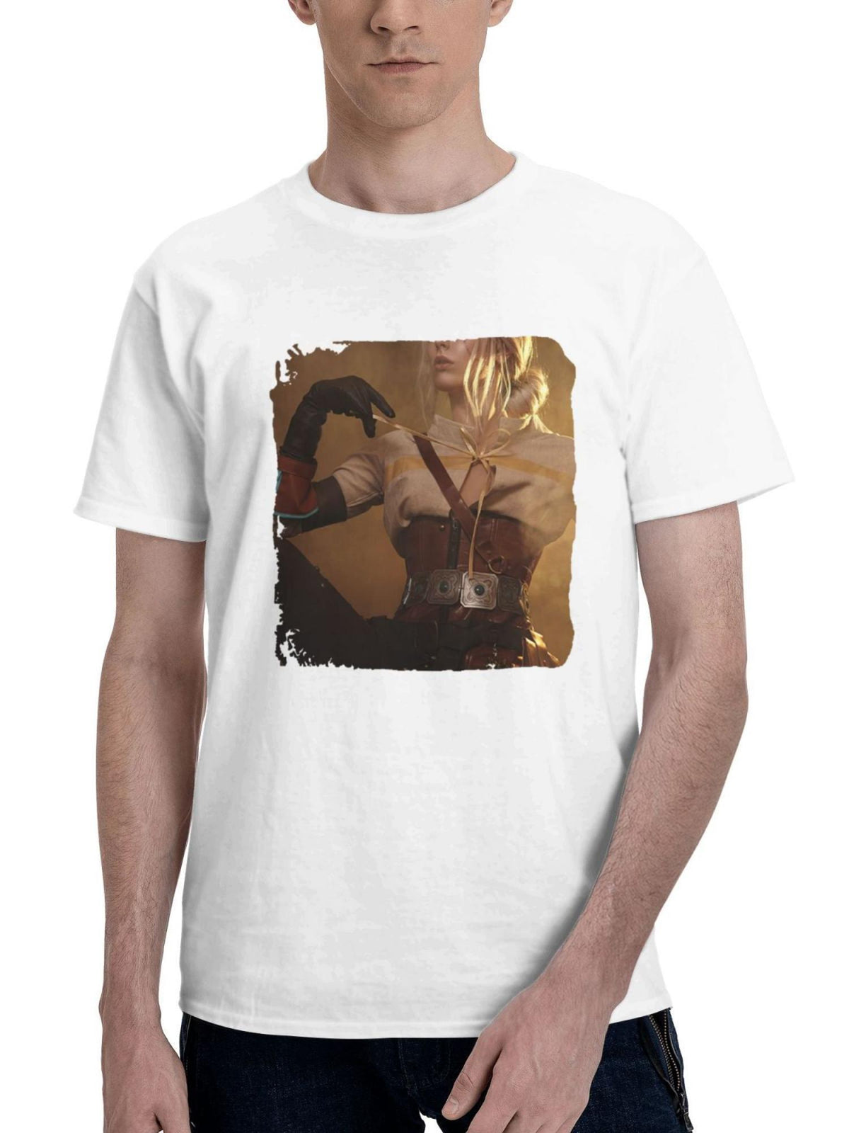 Ciri Witcher Cosplay 180G 100% Cotton Printed Round Neck Short-Sleeve T-Shirt, Gifts for Men Dad Husband Grandpa, S-XXXL, White