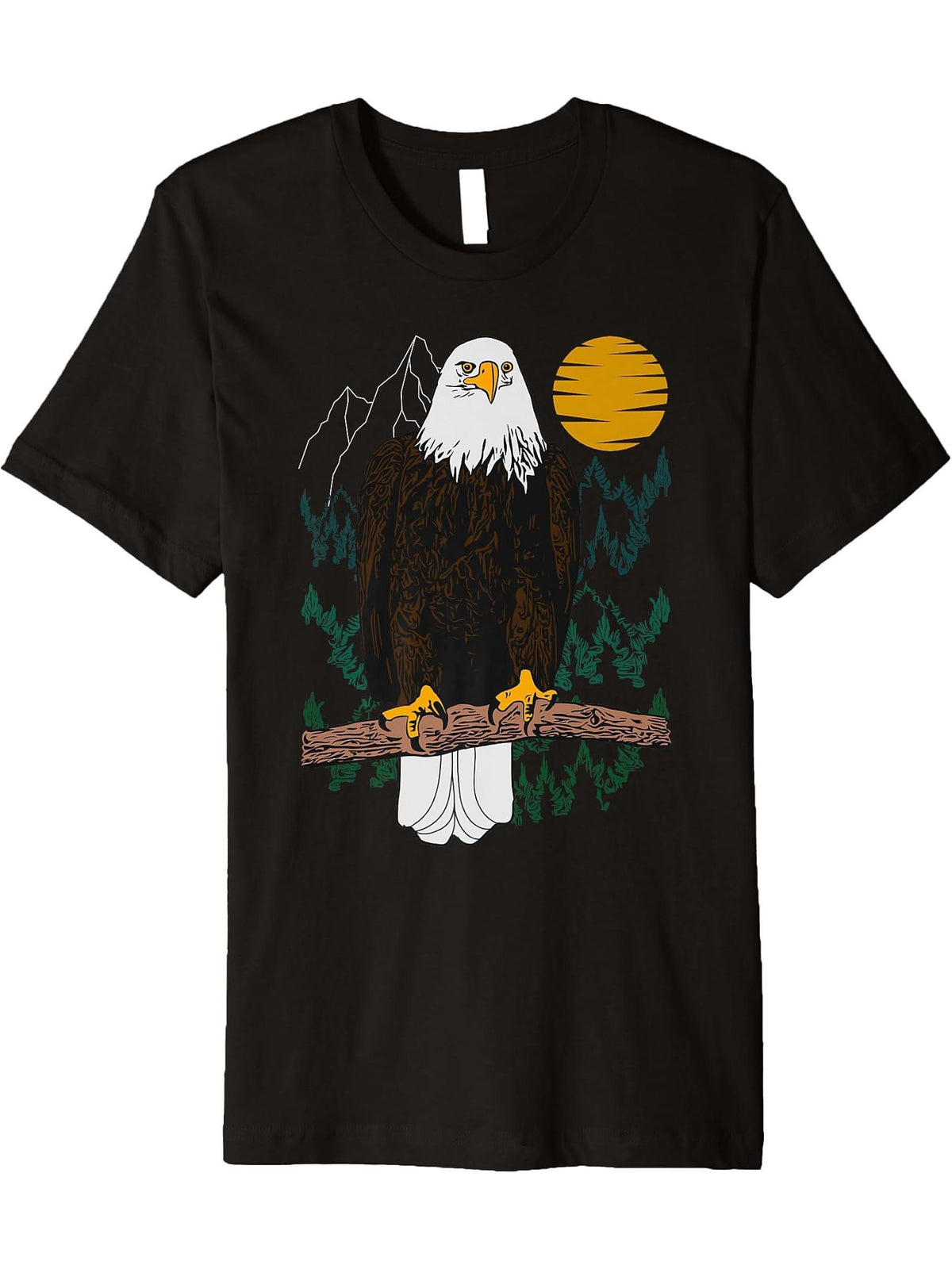 Bald eagle Design forest animal american tree art Graphic Premium T-Shirt 180G 100% Cotton Printed Round Neck Short-Sleeve T-Shirt, Gifts for Men Dad Husband Grandpa, S-XXXL, Black
