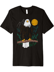 Bald eagle Design forest animal american tree art Graphic Premium T-Shirt 180G 100% Cotton Printed Round Neck Short-Sleeve T-Shirt, Gifts for Men Dad Husband Grandpa, S-XXXL, Black