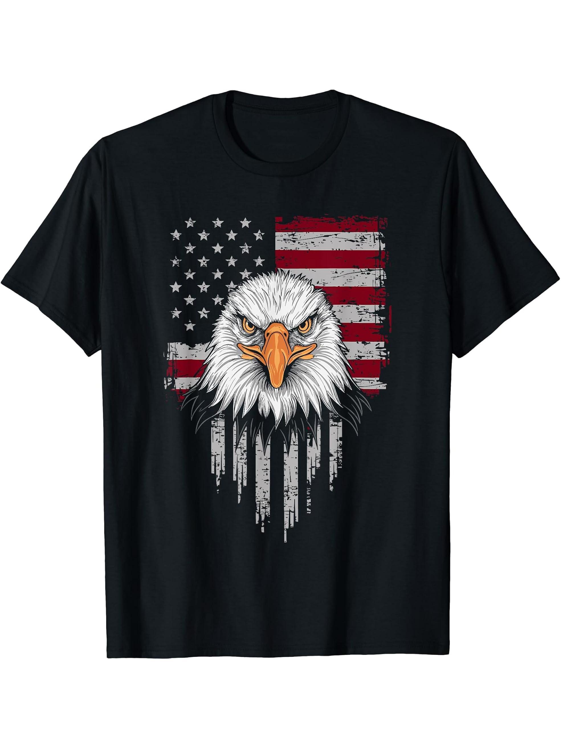American Flag Bald Eagle Patriotic Red White Blue USA T-Shirt 180G 100% Cotton Printed Round Neck Short-Sleeve T-Shirt, Gifts for Men Dad Husband Grandpa, S-XXXL, Black