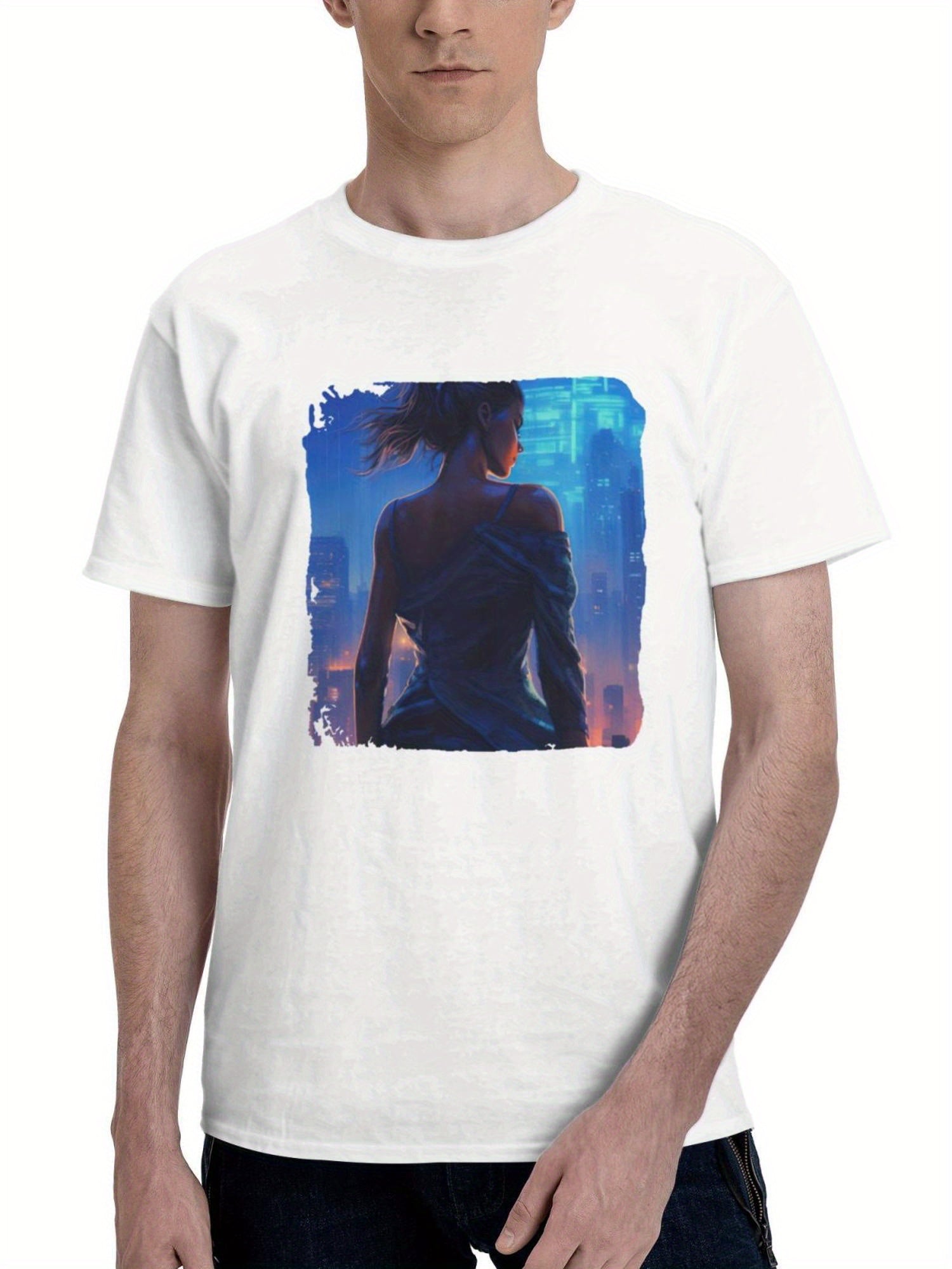 City Cyberpunk 180G 100% Cotton Printed Round Neck Short-Sleeve T-Shirt, Gifts for Men Dad Husband Grandpa, S-XXXL, White