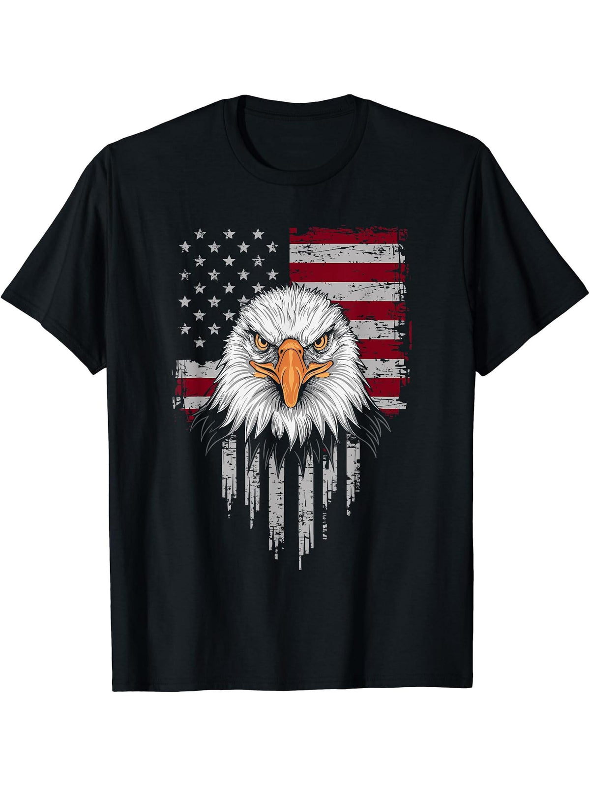 American Flag Bald Eagle Patriotic Red White Blue USA T-Shirt 180G 100% Cotton Printed Round Neck Short-Sleeve T-Shirt, Gifts for Men Dad Husband Grandpa, S-XXXL, Black