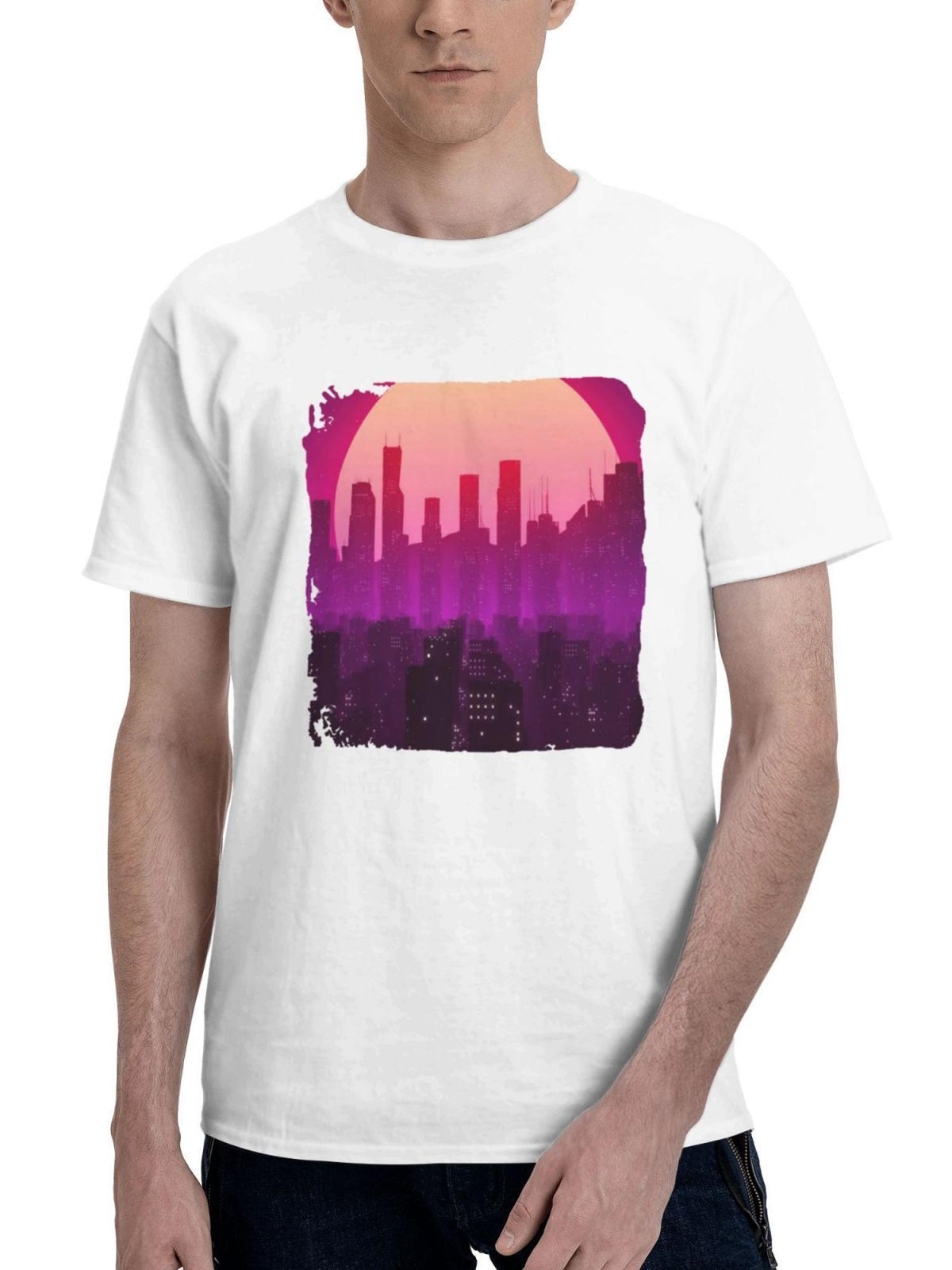 City Lights Sunrise Vaporwave 180G 100% Cotton Printed Round Neck Short-Sleeve T-Shirt, Gifts for Men Dad Husband Grandpa, S-XXXL, White