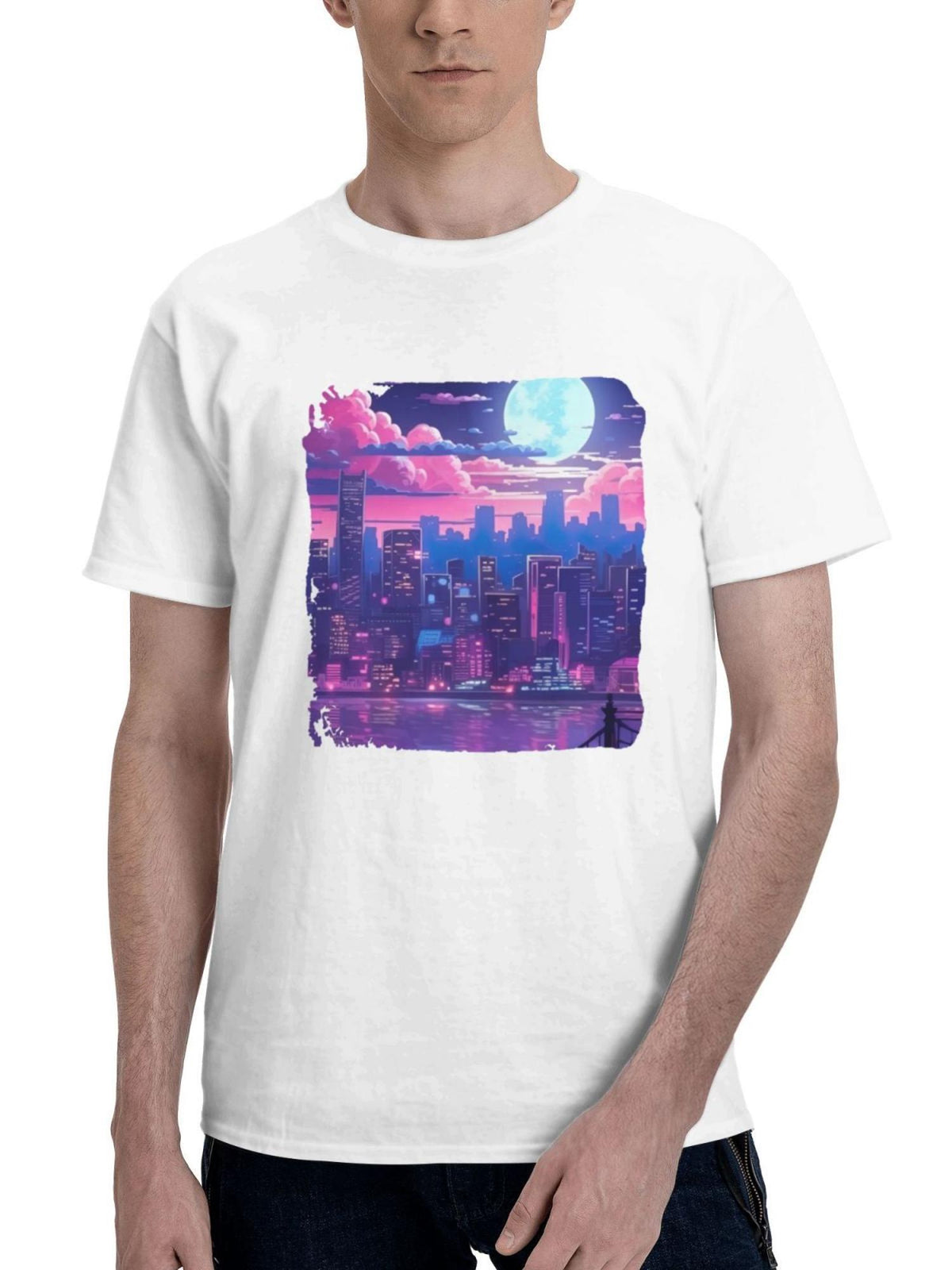 City Lights Under The Stars Cityscape 180G 100% Cotton Printed Round Neck Short-Sleeve T-Shirt, Gifts for Men Dad Husband Grandpa, S-XXXL, White