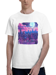 City Lights Under The Stars Cityscape 180G 100% Cotton Printed Round Neck Short-Sleeve T-Shirt, Gifts for Men Dad Husband Grandpa, S-XXXL, White