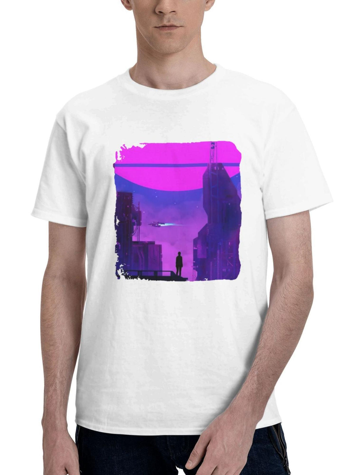 City Nights 2049 180G 100% Cotton Printed Round Neck Short-Sleeve T-Shirt, Gifts for Men Dad Husband Grandpa, S-XXXL, White